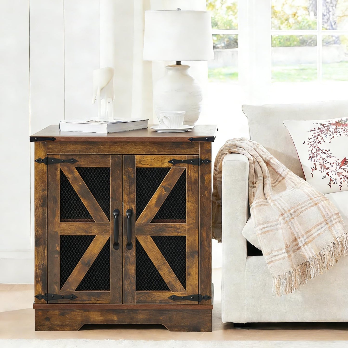 Seekverse Farmhouse Nightstand with Charging Station Set of 2, Side Table with Barn Door and Storage, Rustic Wood Bedside Table, End Table for Living Room and Bedroom, Brown, 2