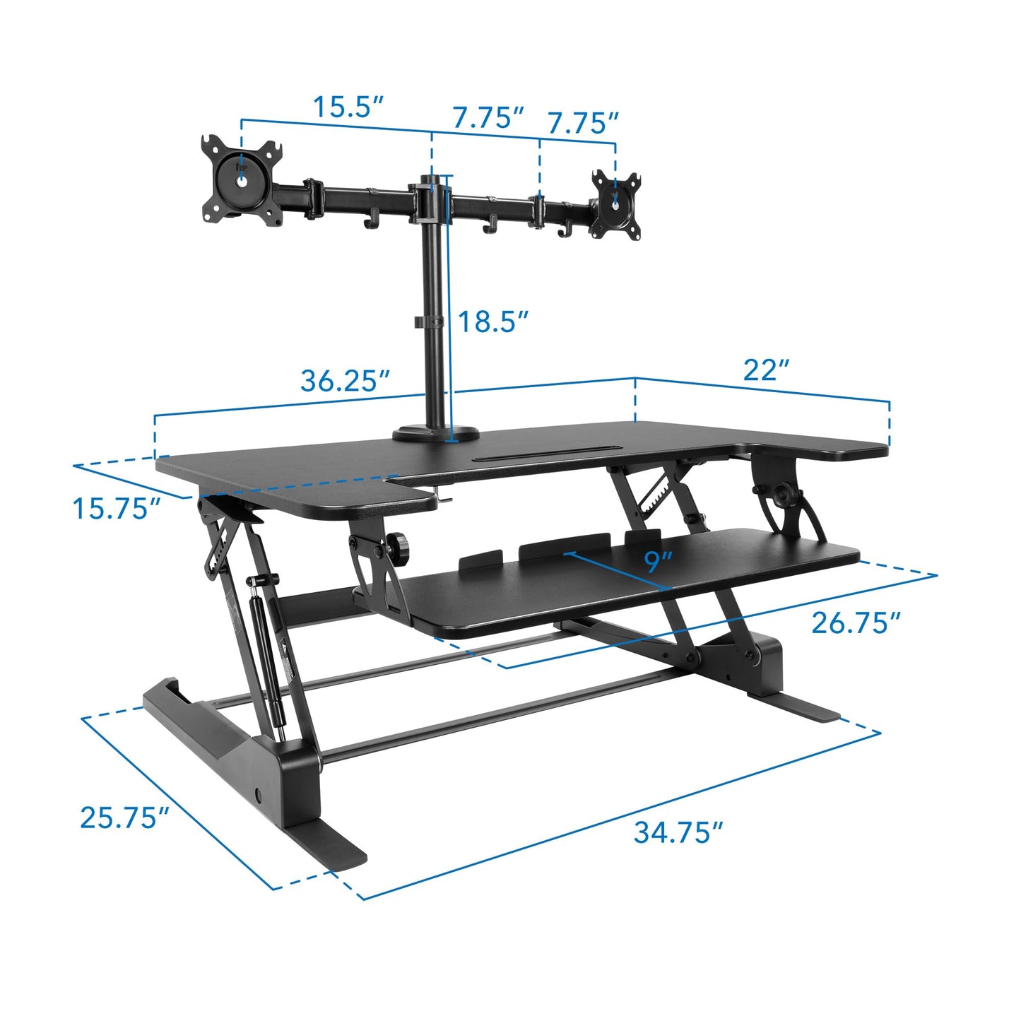 Mount-It! Standing Desk Converter Dual Monitor, 2 Screen Mounts Included, Height Adjustable Desk Riser in Black, Stand Up Desk Convertor Large 36" Wide, Sit Stand Convertor with Manual Lift Gas Spring