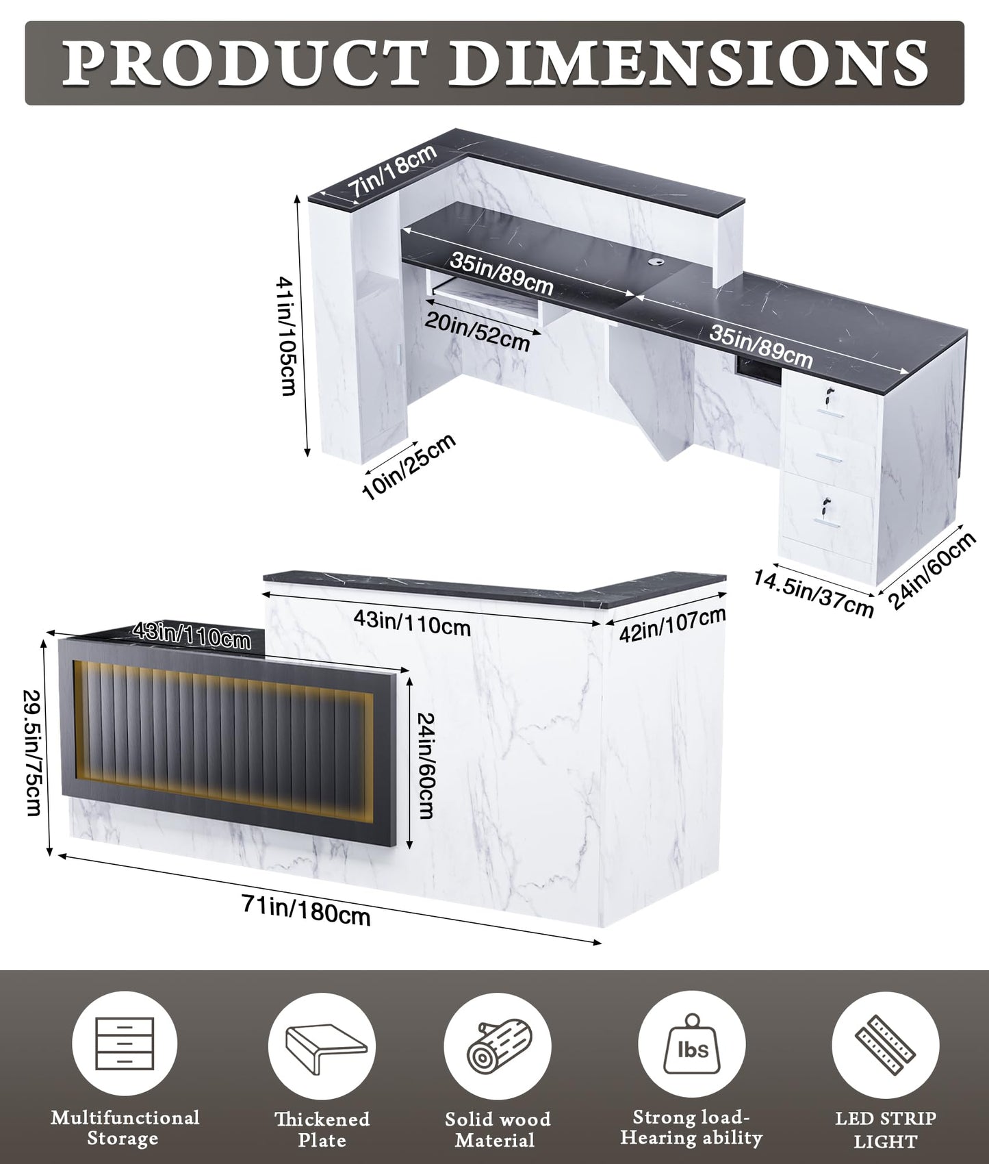 Easilywinlife Ultral 70.87IN Modern Wooden Commercial L Shaped Reception Desk with Counter, Lockable Drawers, Door Cabinet, Front Desk for Checkout, Salon, Black and White with Light, Left Cabinet