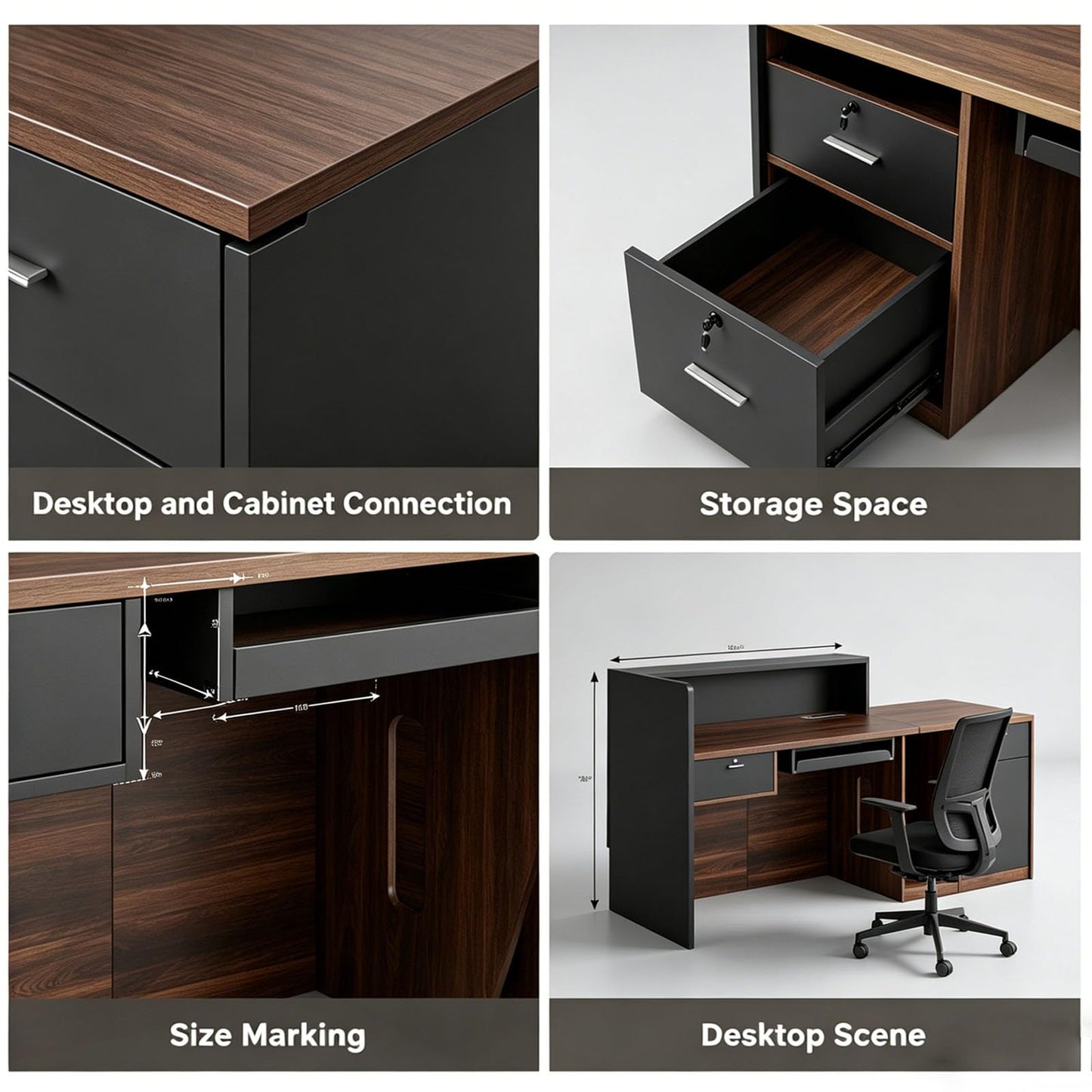 ansespl L Shaped Reception Desk with Counter,63/71inch Reception Room Table with Lockable Drawers & Keyboard Tray, for Office, Salon, Hotel & Clinic (Walnut/Slate Gray, 63" L x 23.6" W x 39.4" H)