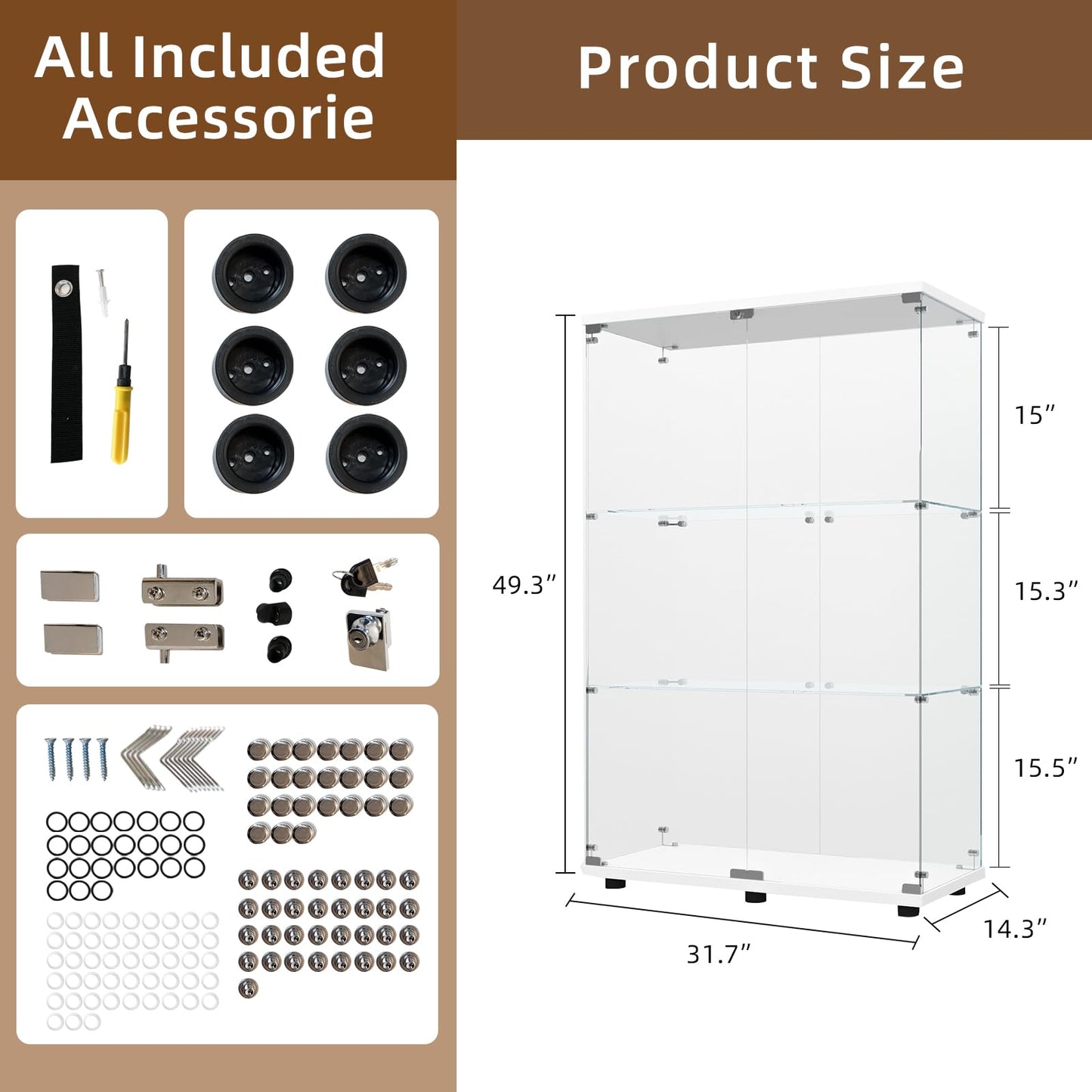 GDJAASJI Display Cabinet with Glass Door and Lock, 3-Shelf Fast Installation Curio Cabinets with 5mm Tempered Glass Floor Standing Bookshelf for Bedroom, Living Room (49" Hx 32" W x 14.3" D, White)