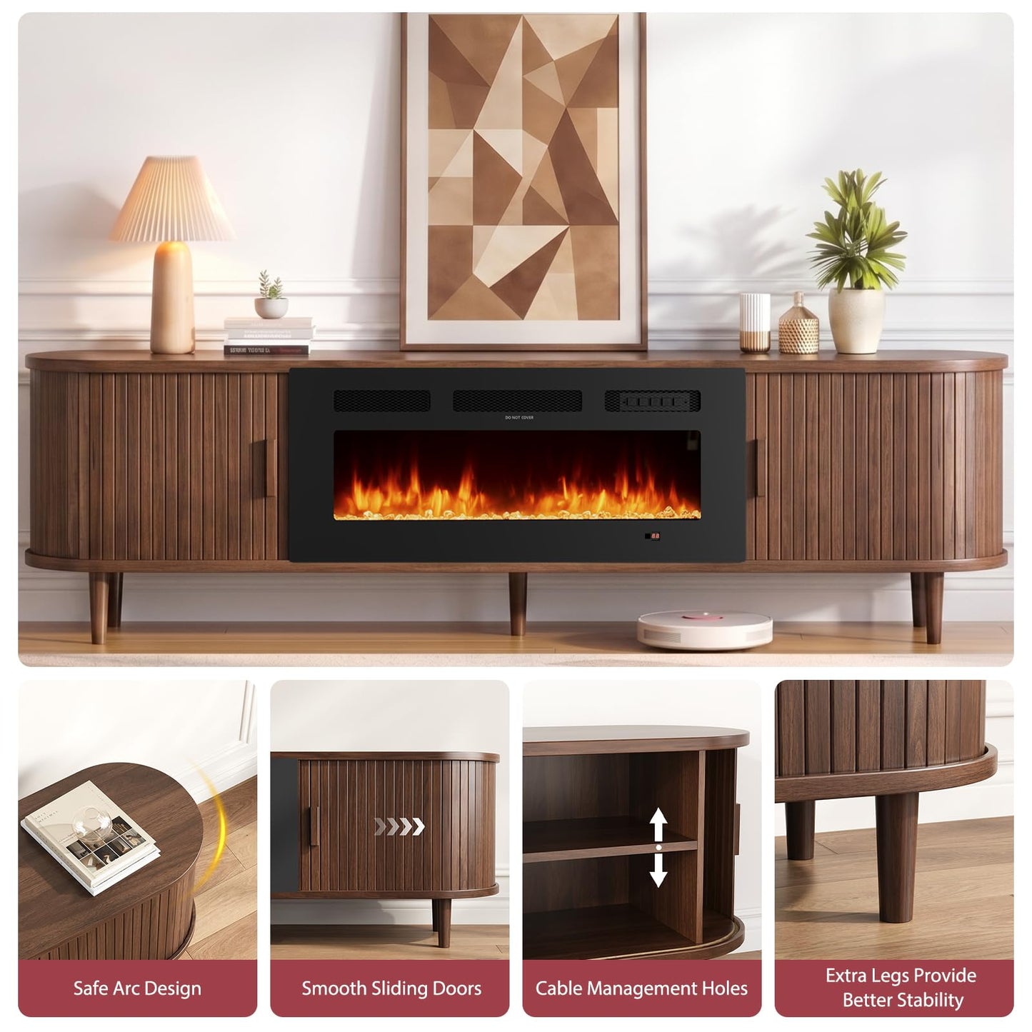MXV 80″ Fluted Fireplace TV Stand, Mid Century Modern TV Stand with 36″ Fireplace for TVs Up to 90", Entertainment Center with Sliding Door & Solid Wood Legs, for Living Room, Walnut
