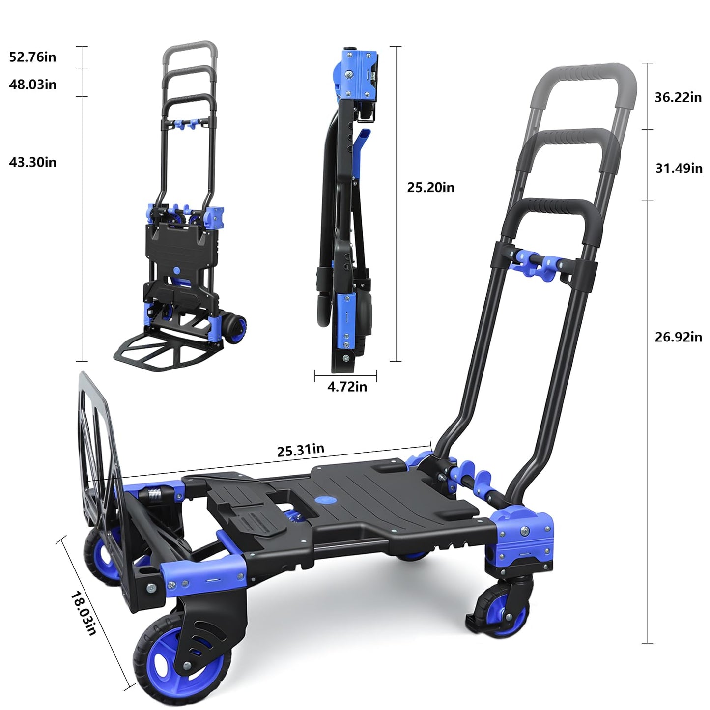 2 in 1 Folding Hand Truck with 2 Folding Basket,330lbs Capacity Heavy Duty Hand Truck,with Telescoping Handle and Rubber Wheels,Portable Dolly Cart with Bungee Cords for Moving,Travel,Shopping