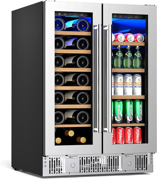 Antarctic Star 24 Inch Dual Zone Wine & Beverage Refrigerator, 4.4 Cu.Ft Built-in Under Counter Fridge with French Glass Doors, Holds 21 Bottles & 88 Cans, Touch Controls