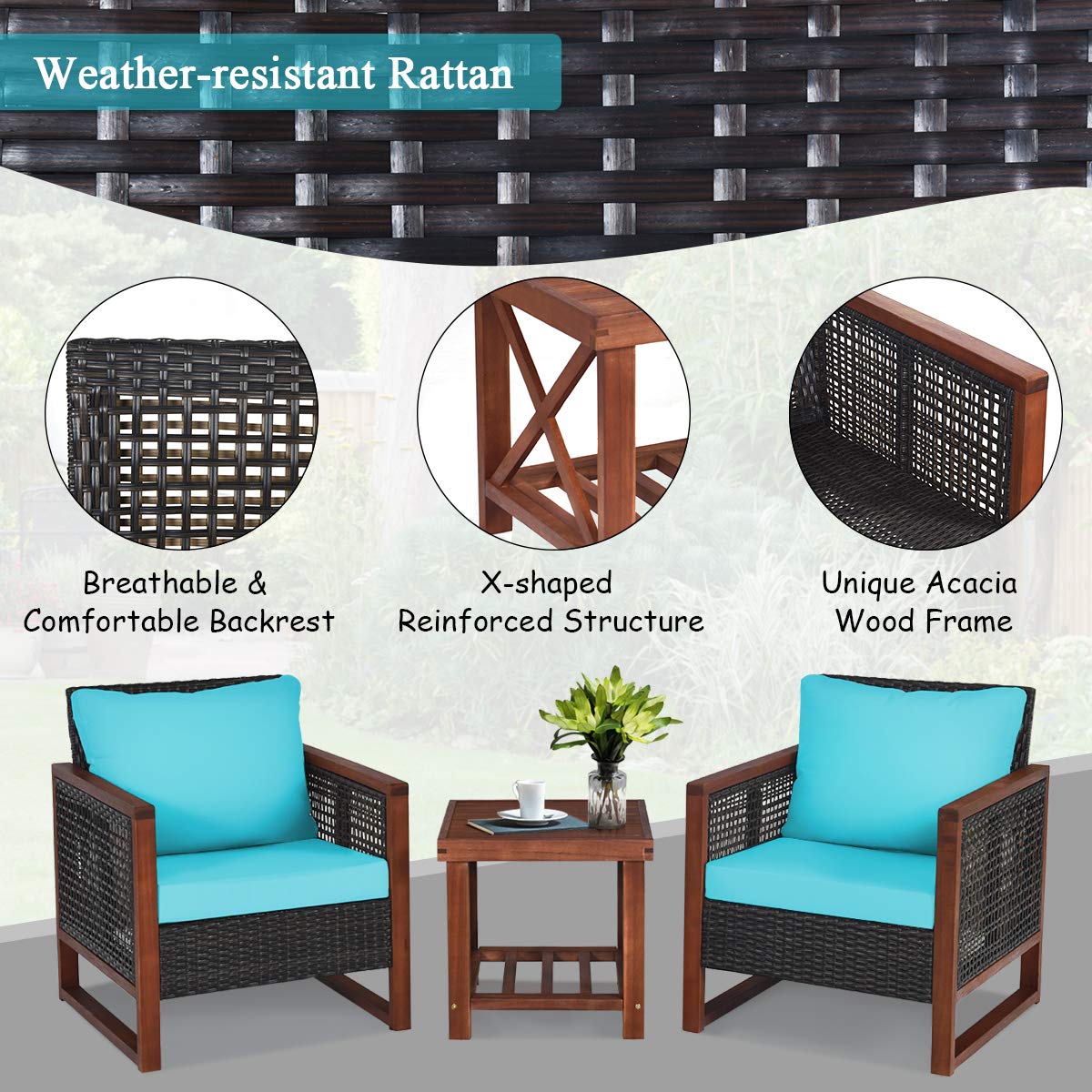 Tangkula 3 Pieces Patio Wicker Furniture Set, Rattan Outdoor Sofa Set w/Washable Cushion & Acacia Wood Coffee Table, Conversation Bistro Set for Garden Balcony Backyard (Turquoise)
