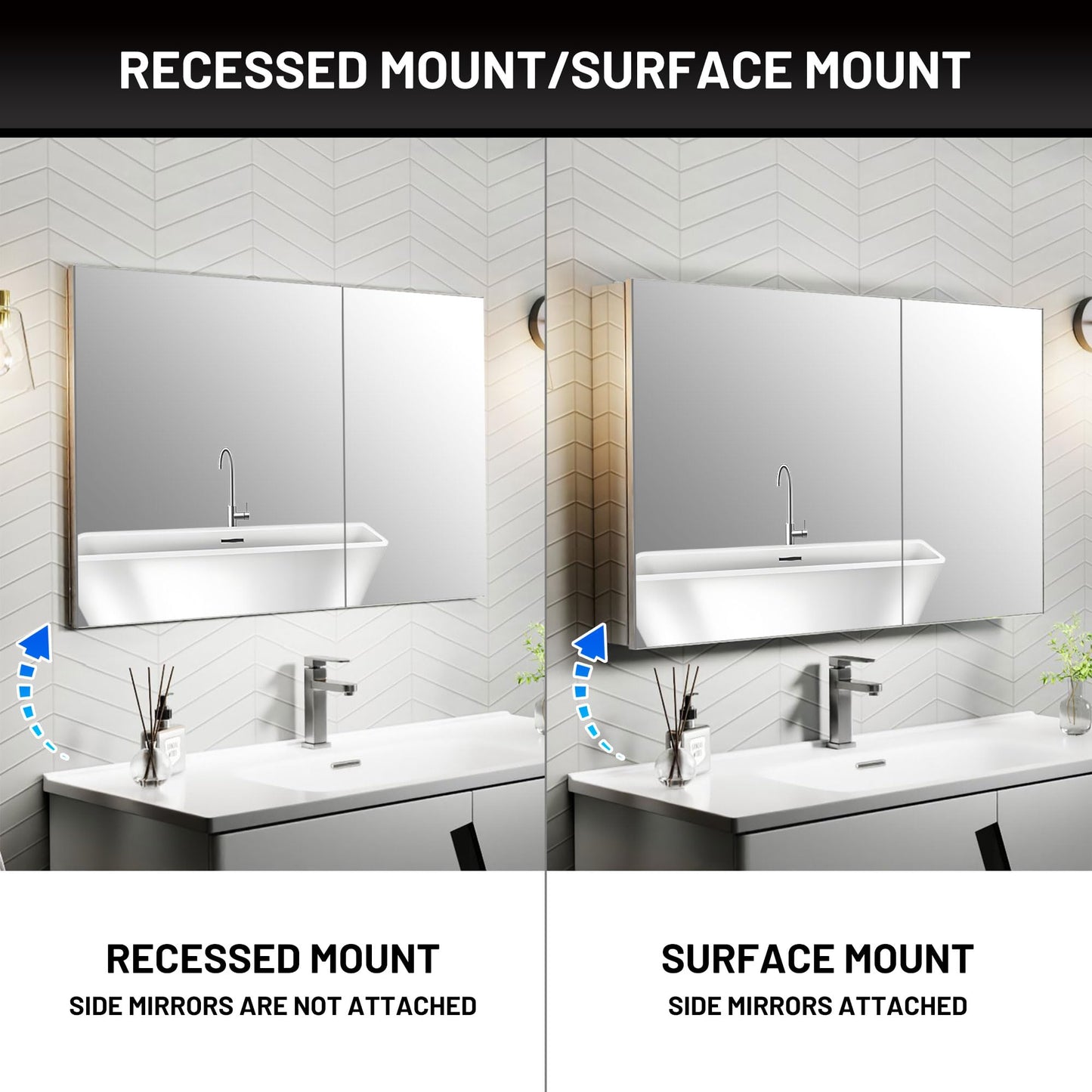 AZDHOME 36 x 24 Inch Bathroom Medicine Cabinet with Mirror, Surface/Recessed, Aluminum Frame with Mirrored Side Panels, Adjustable Shelves, Space-Saving Modern Farmhouse Design, Assembly Required