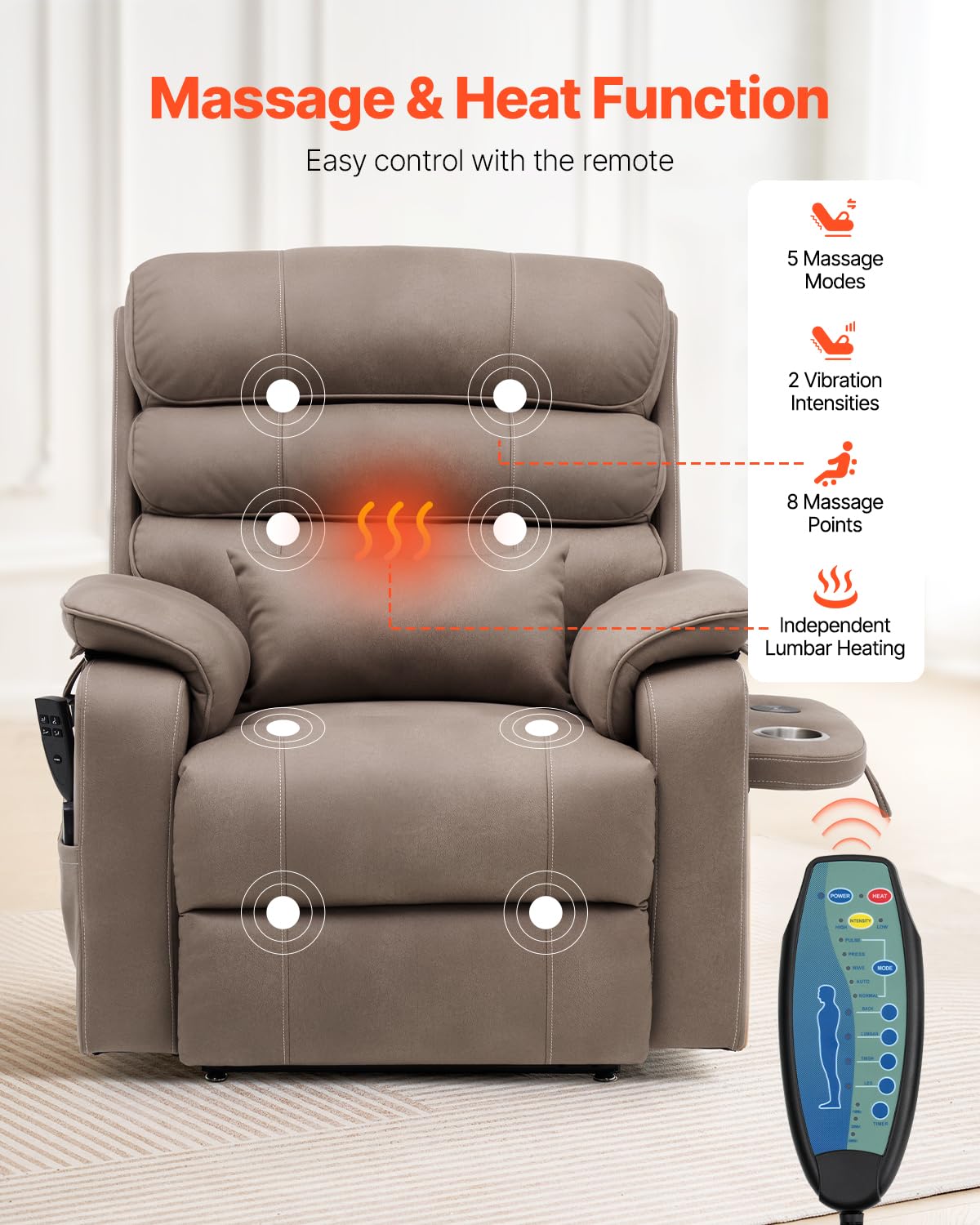 VEVOR Power Lift Recliner Chair, Dual Motor Lift Chair with Heat and Massage for Elderly, Infinite Position Adjustment Electric Recliner with a Cup Holder (Medium-Wide, Light Brown)