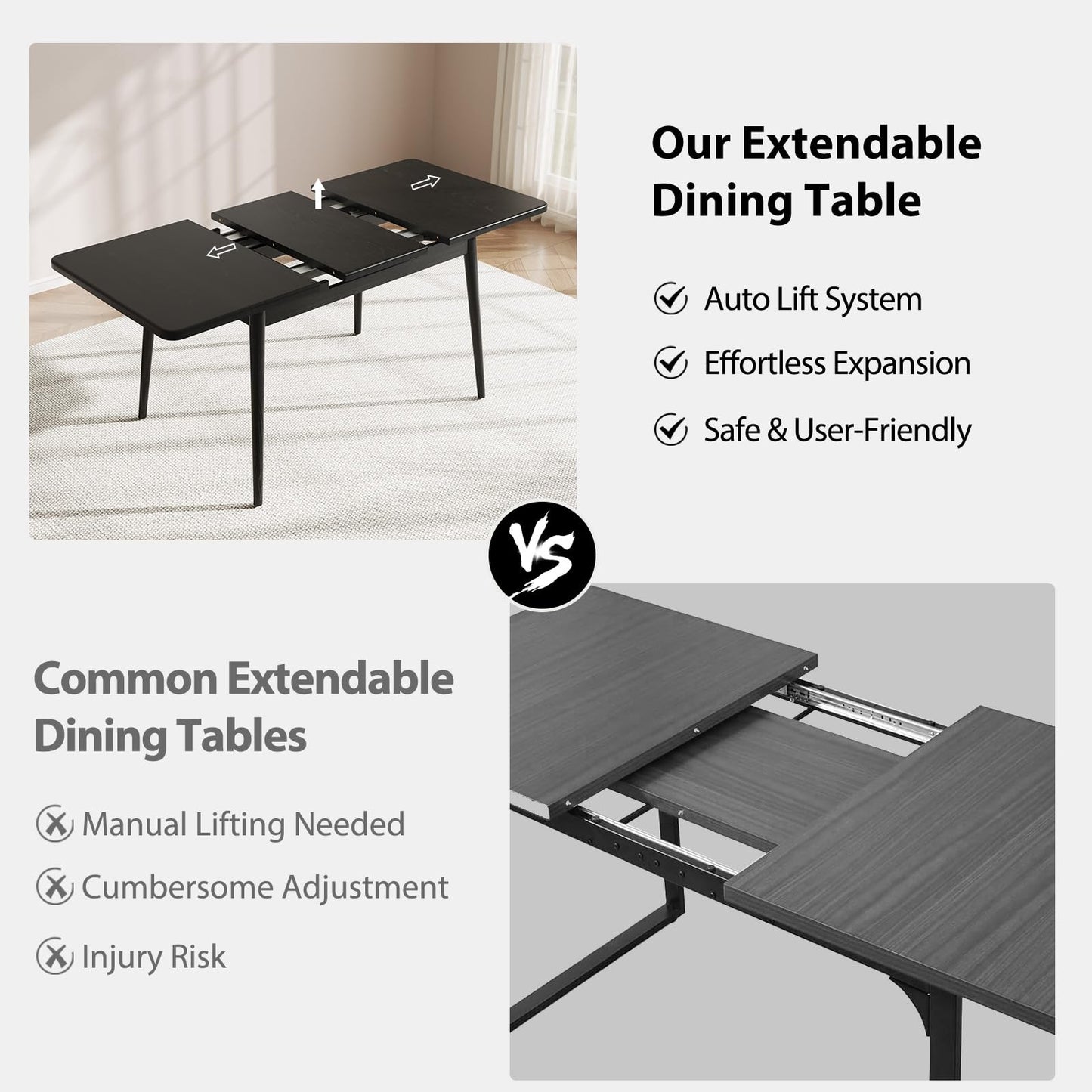 Muwuele Solid Wood Extendable Dining Table for 4-8 People with Seamless Extension from 47.2 to 63 Inches, Easy Assembly, Expandable Tables for Small Spaces, Dining Room, Kitchen, Living Room, Black