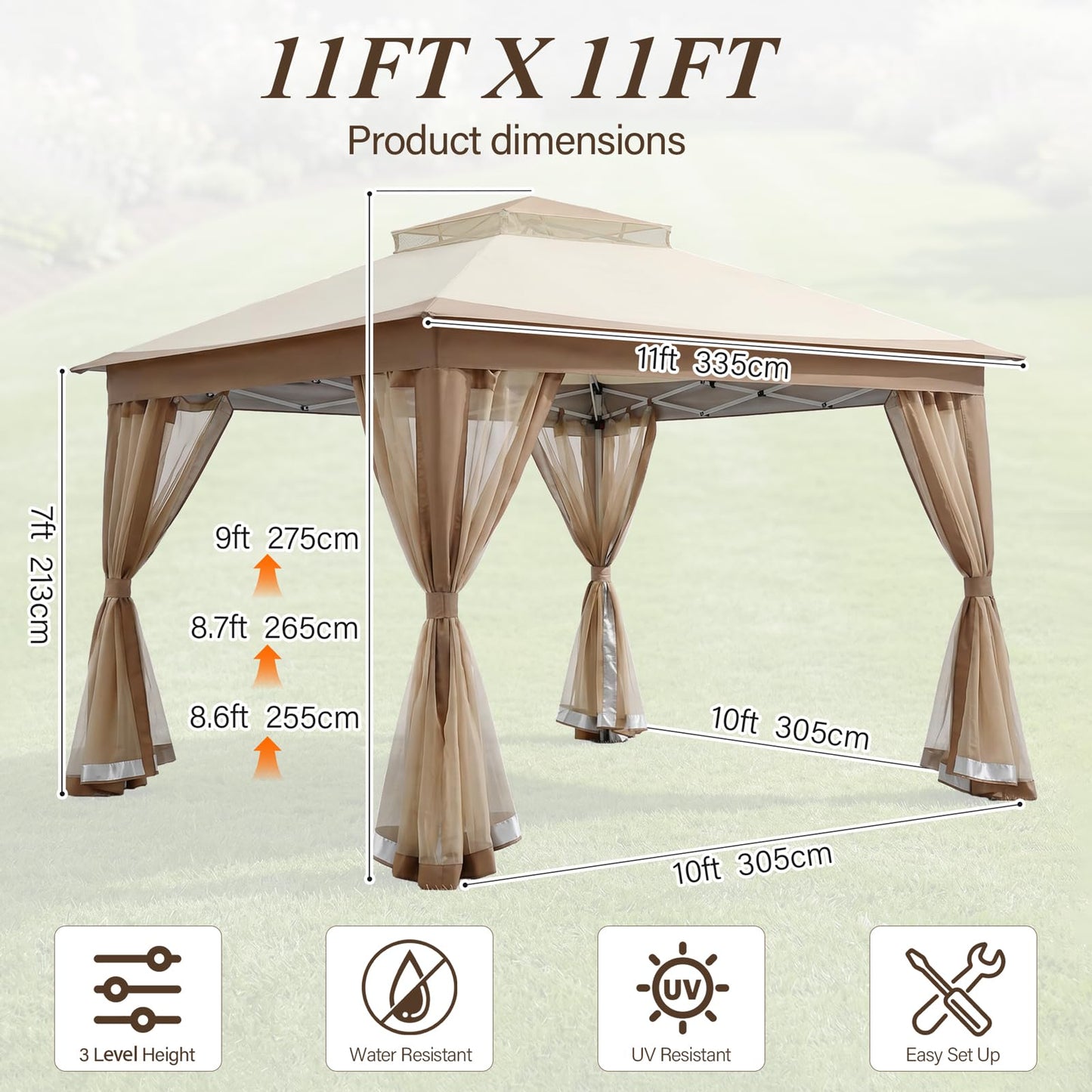 11x11 Pop Up Gazebo, Instant Waterproof Outdoor Canopy Tent with Removable Mesh Netting, UV Protection Portable Sun Shelter with Wheeled Cover Bag for Patio Backyard, Khaki