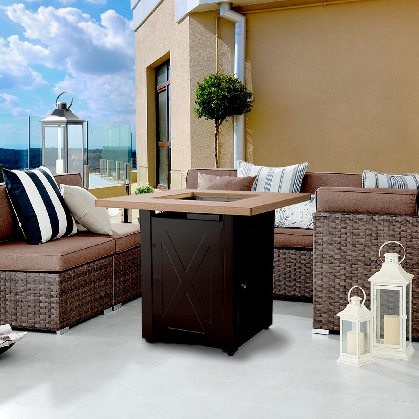 Outdoor Fire Tables, 50,000 BTU Patio Fire Pit Table Prop ane Fireplace for Backyard, Deck, Multi-Use Square Gas Fire Pit with Lid & Lava Rock, Table Top Firepit, Wood Table and Mocha Base