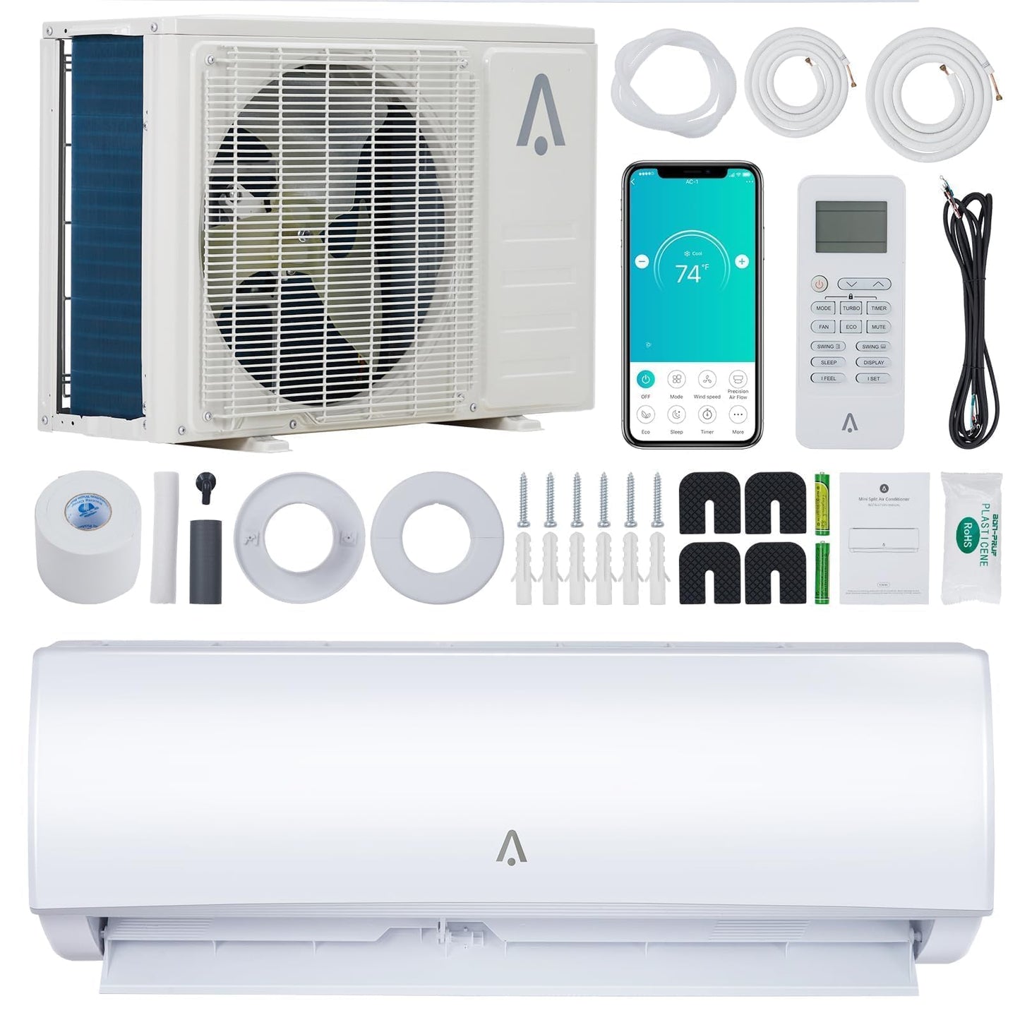 Mini Split Air Conditioners, 9,000 BTU AC Heating System, Heat Pump Ductless Mini Split AC Unit for Bedroom, Quiet Room Air Conditioner with Efficient Cooling Heating for Rooms Up to 450 Sq.ft