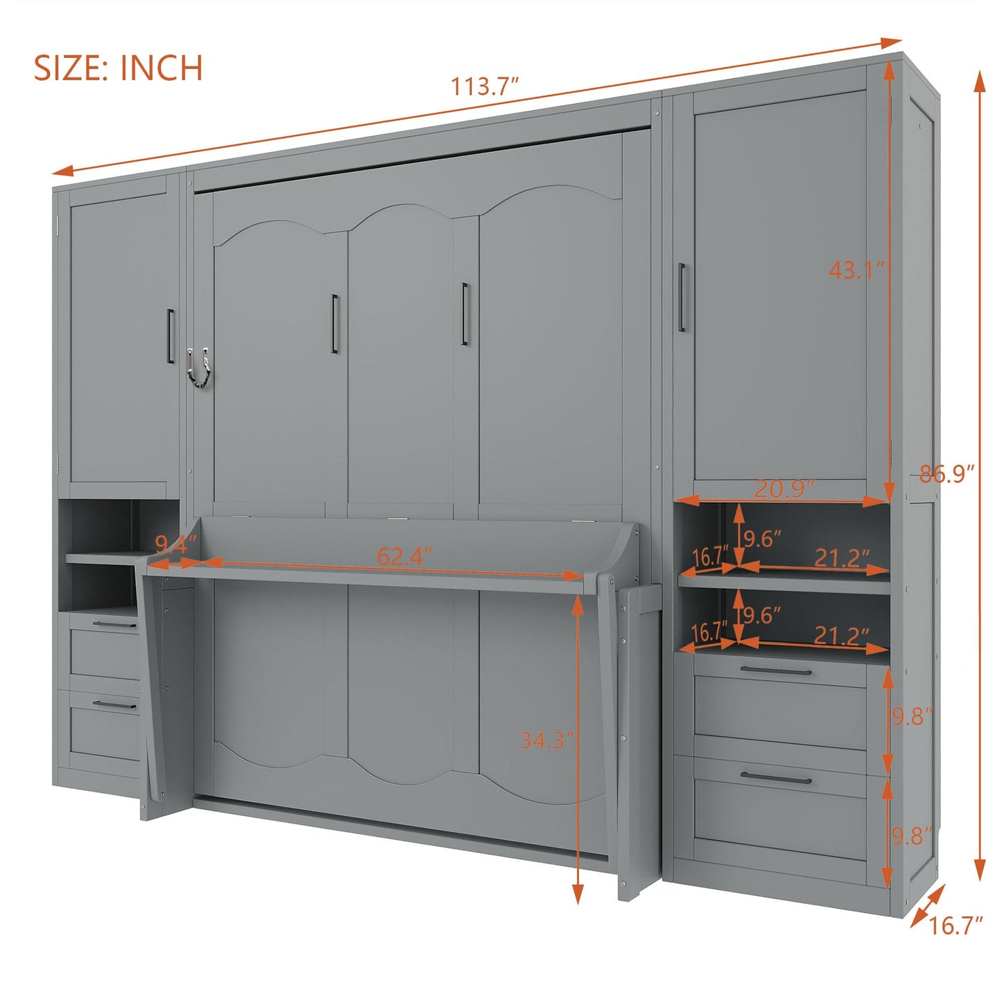 Merax Queen Size Murphy Bed with Desk, Multifunctional Foldable Wall Bed with Closet, Drawers and Shelves, Space-Saving Wood Platform Bed Frame for Small Spaces Studio Study Office Guest Room, Gray