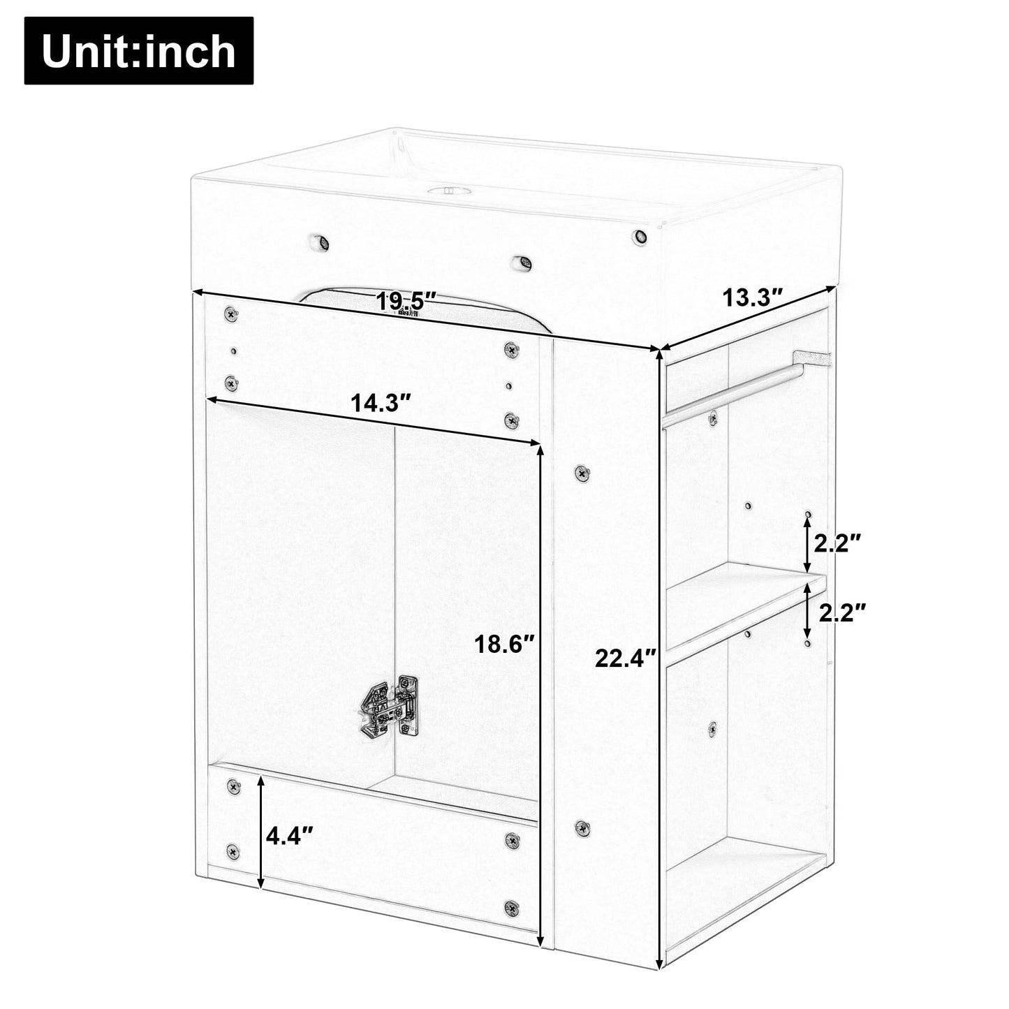20" Floationg Wall-Mounted Bathroom Vanity with Ceramic Sink, Adjustable Shelf, Toilet Paper Holder, Modern Style, Door with Diamond Design, White