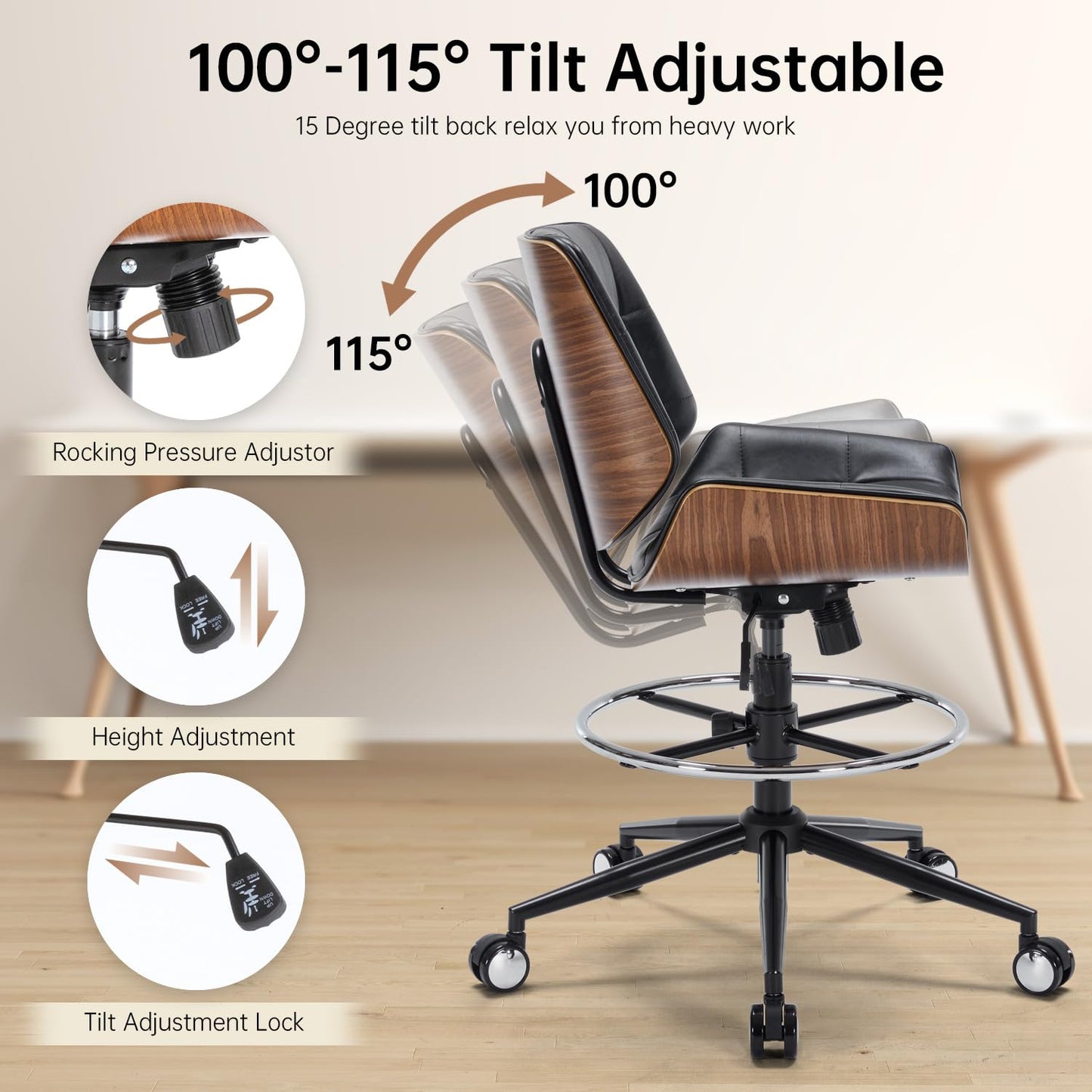 Drafting Office Chair Ergonomic Executive Computer Standing Desk Chair with Adjustable Height and Footrest Ring, Drafting Chair for Counter Height Desk and Drawing (Black)