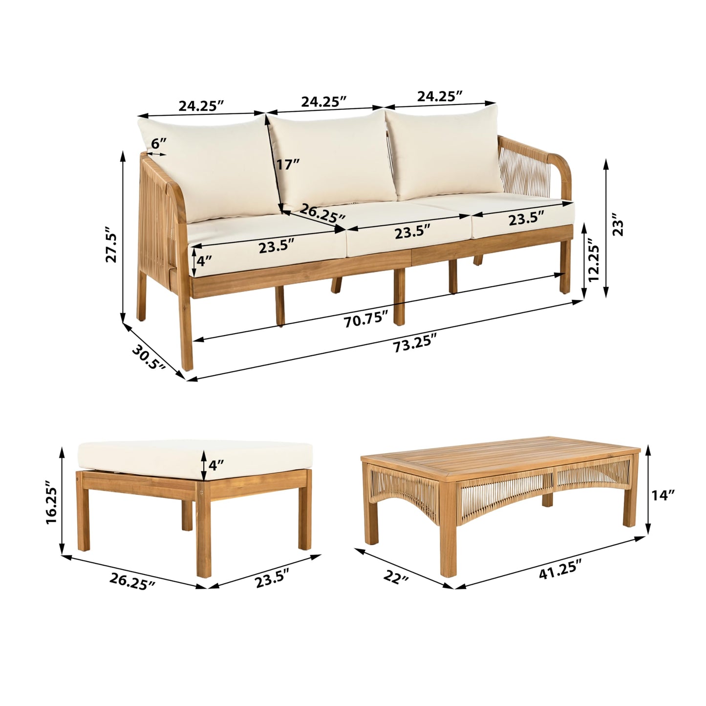 Christopher Knight Home Havets 3 Pieces Acacia Wood Patio Furniture Set, Faux Rattan Sofa and Coffee Table, Outdoor Conversation Sets with 6" Thick Cushions for Backyard Garden Balcony, Teak+Beige