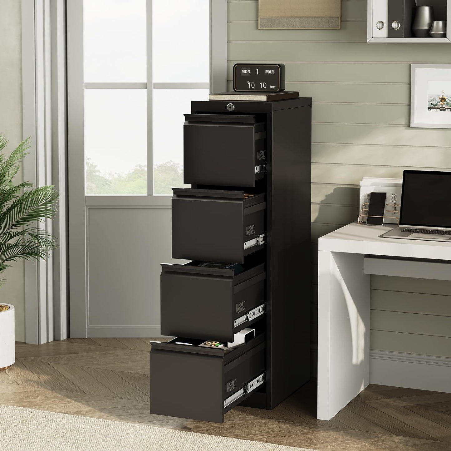 4-Drawer File Cabinet with Lock, 18" D Metal Black Vertical Filing Cabinet for Home Office, Hanging Letter/F4/A4/Legal Size Folders