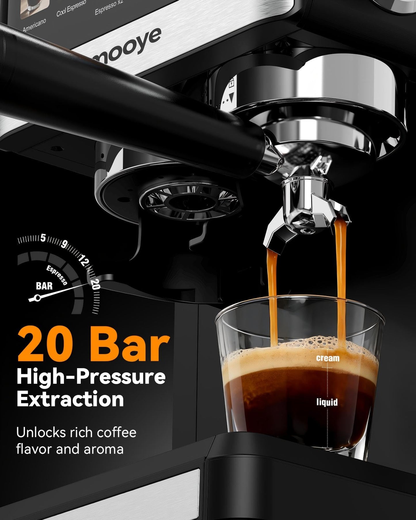 Mooye Espresso Machine with Grinder,20Bar Compact Espresso Maker with Steam Milk Frother,Coffee Maker for Home - Cappuccino Latte & Cold Brew Iced Coffee Maker & Americano, Gift for Women or Men