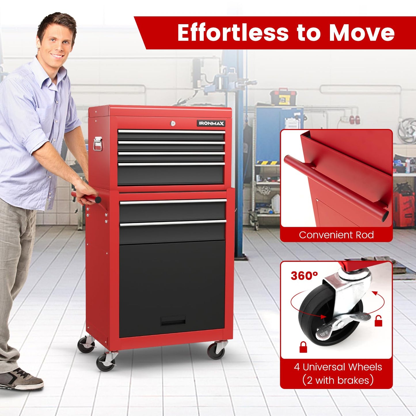 Goplus Tool Chest, 6 Drawers Rolling Tool Cabinet with Detachable Top Toolbox, Universal Lockable Wheels, Protective Liner, Auto Lock, Metal Tool Storage Cart, Tool Box for Garage Workshop