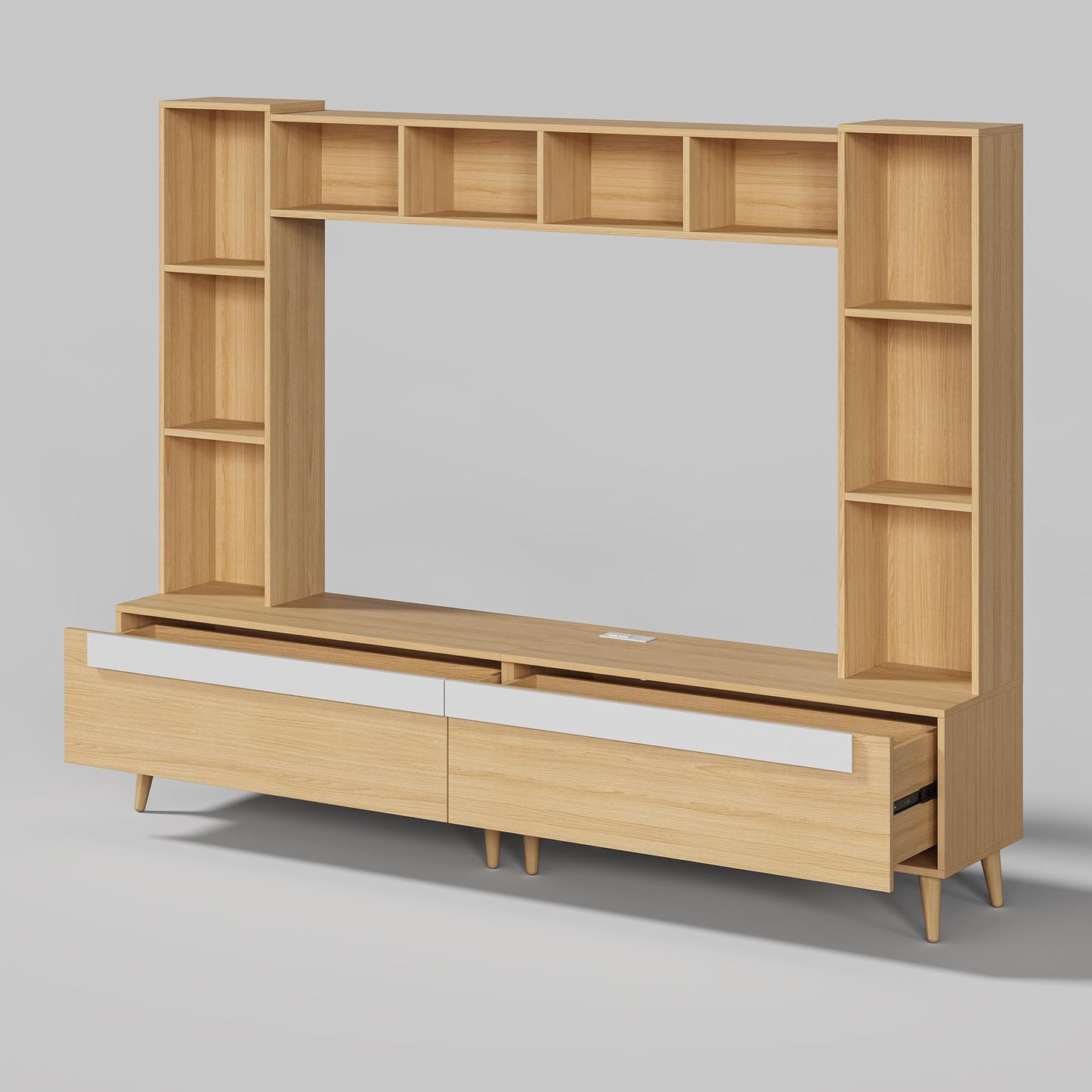 LIKIMIO 86.6" W Wall Unit Entertainment Center for TVs up to 65 inches, Large TV Stand with Bookshelves, Built-in Power Outlet, 10 Open Shelves & 2 Drawers, Wood Media Center for Living Room