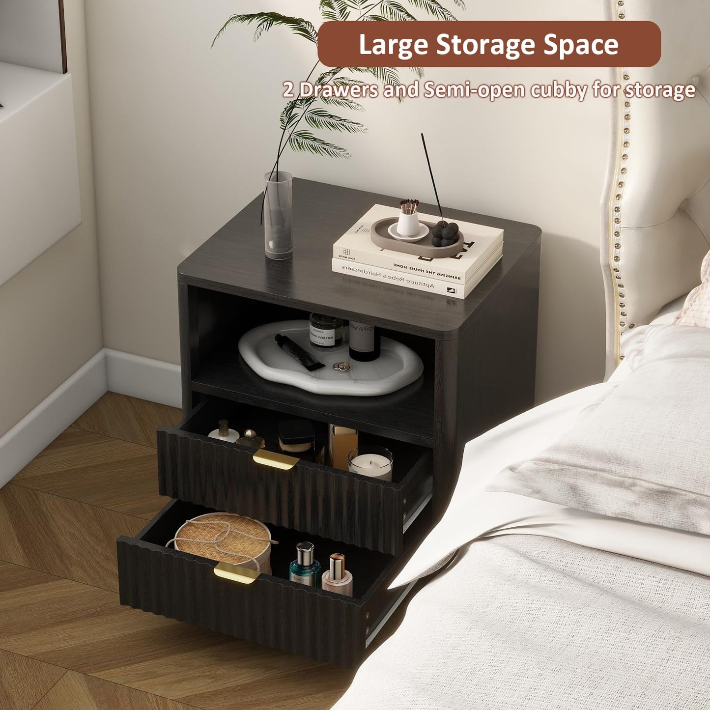 ROCSUMOO Black Nightstands Set of 2, Fluted Nightstands with 2 Drawers and Open Shelves, Large Wooden Night Stands Modern Design Night Stand for Bedroom Sofa Office (2, Black)