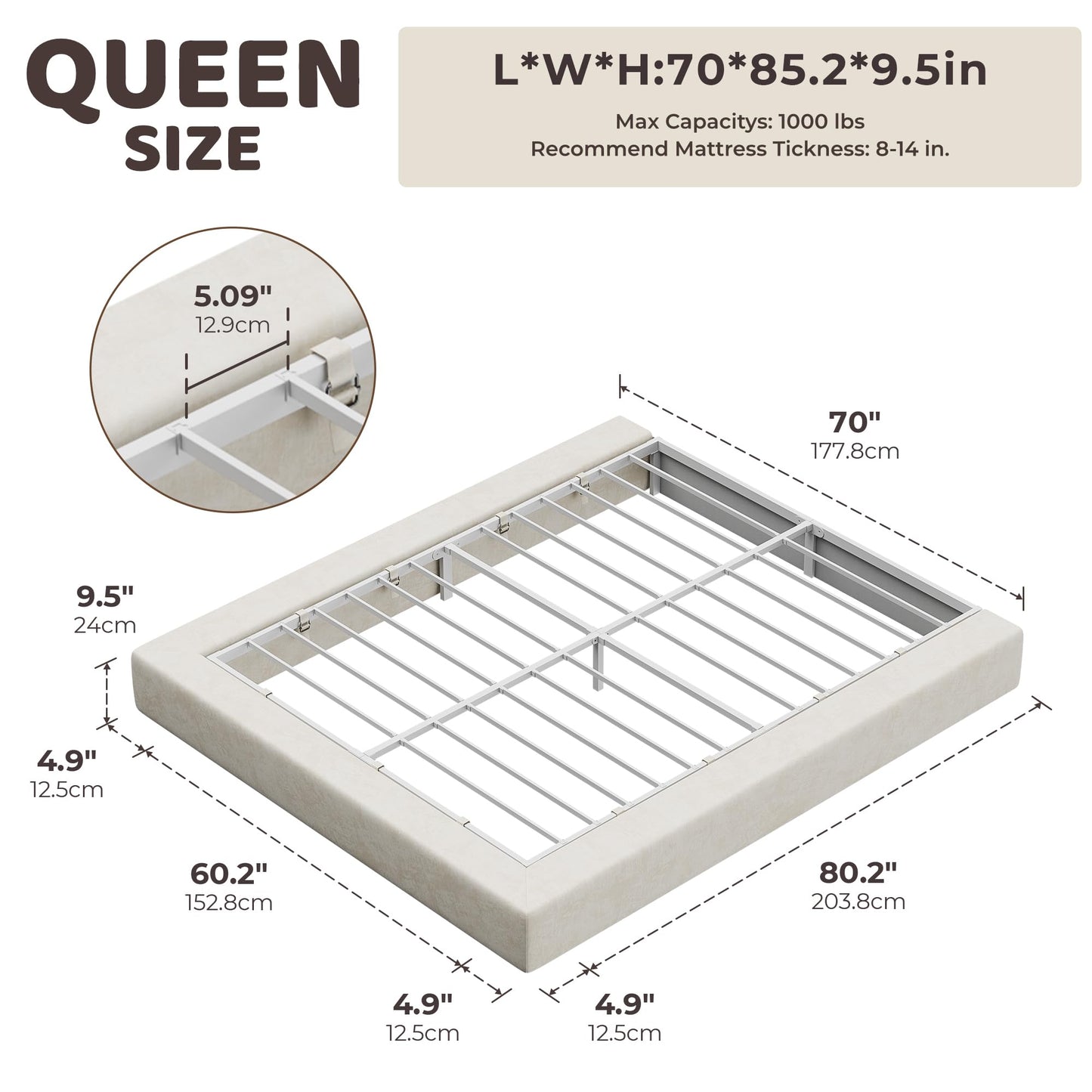 RECCI AirFrame Queen Bed Frame, Cloud Upholstered Platform Bed Frame, 5 Inch Fully Boxy Foam Cushioned, Square Shape Base, No Box Spring Needed, Easy Assembly | Beige Chenille, Soft Low-Profile