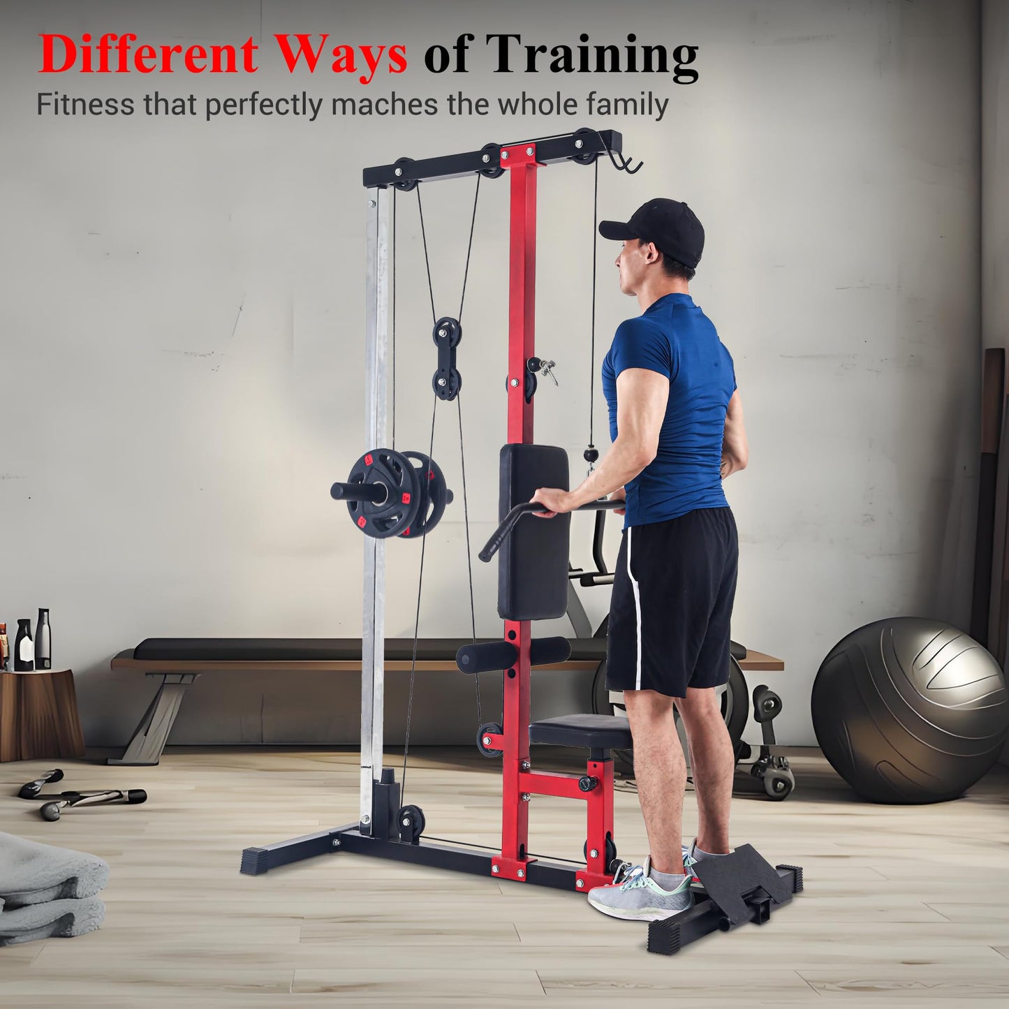 CABIHOME LAT Power Cable Machine - Adjustable Leg Support LAT Pull Down Machine with High & Low Pulley for Home Gym Back Strength Training，Black & Red