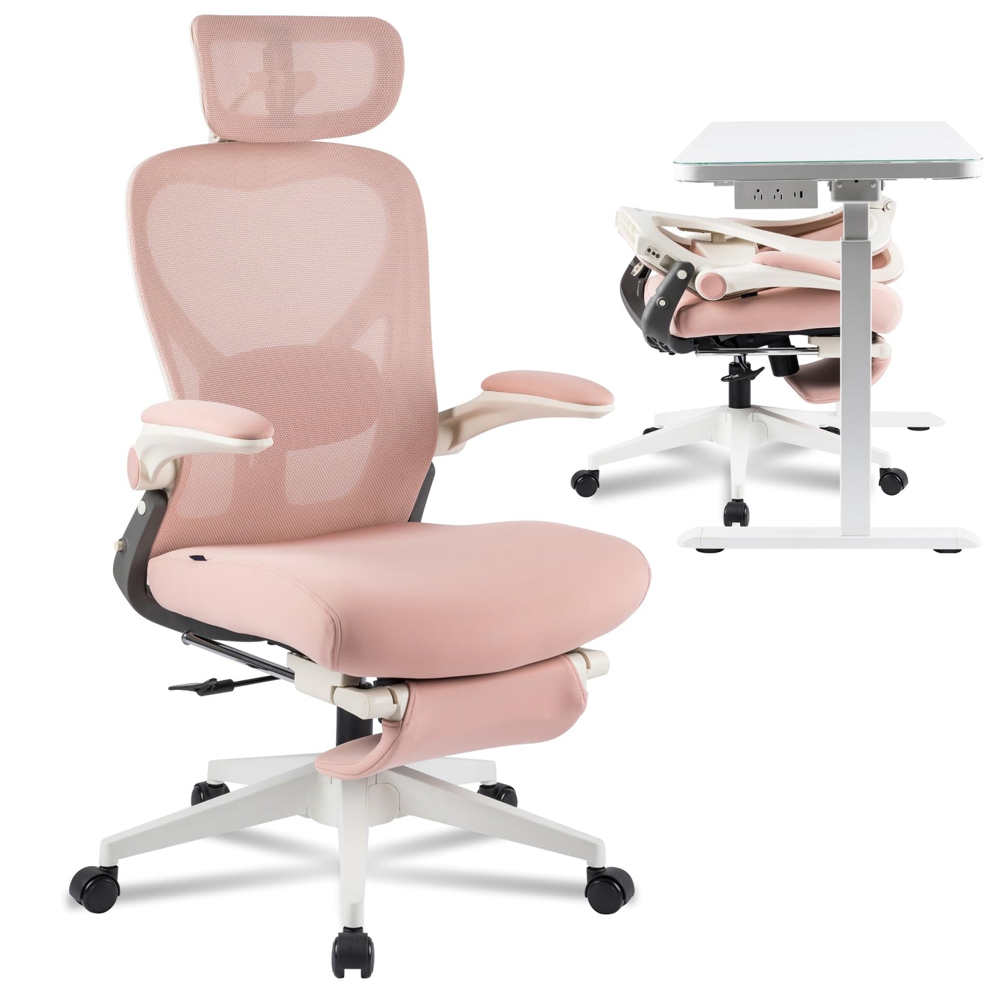 FLEXISPOT Foldex Ergonomic Office Chair, Folding Chair for Small Spaces with Lumbar Support, Flip-up Armrests, 3D Headrest, Desk Chairs with Footrest for Work,Video Game,Gift (Foam Seat, Pink)