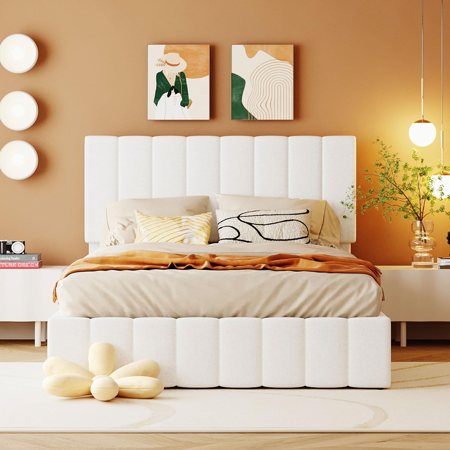 Bellemave Full Size Upholstered Platform Bed with Hydraulic Lift up Storage, Upholstered Full Bed Frame with Tufted Headboard and Wood Slats Support, White