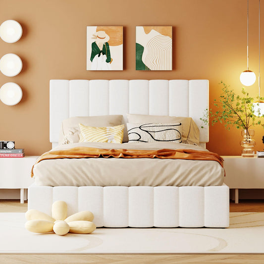 Bellemave Full Size Upholstered Platform Bed with Hydraulic Lift up Storage, Upholstered Full Bed Frame with Tufted Headboard and Wood Slats Support, White