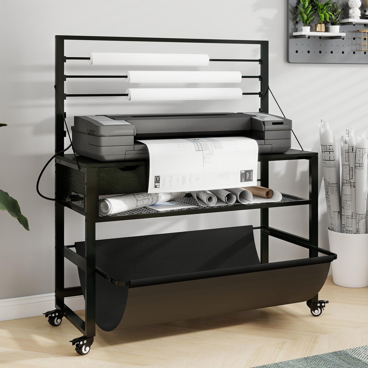 Natwind Wide Format Printer Stand, Plotter Workbench Table with Pull-Out Drafting Storage, Roll Paper Holder, Accessory Drawer, Adjustable Storage Shelf for Plotters and Cutting Machines (Black)