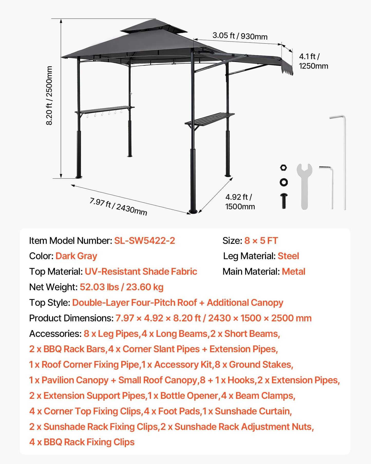 VEVOR Grill Gazebo, 8x5 ft BBQ Gazebo with Extra Awning, Double-Tiered Outdoor Grill Shelter, Thickened Support Legs, Powder-Coated Steel Grilling Canopy with Side Shelves, Bottle Opener & Hooks