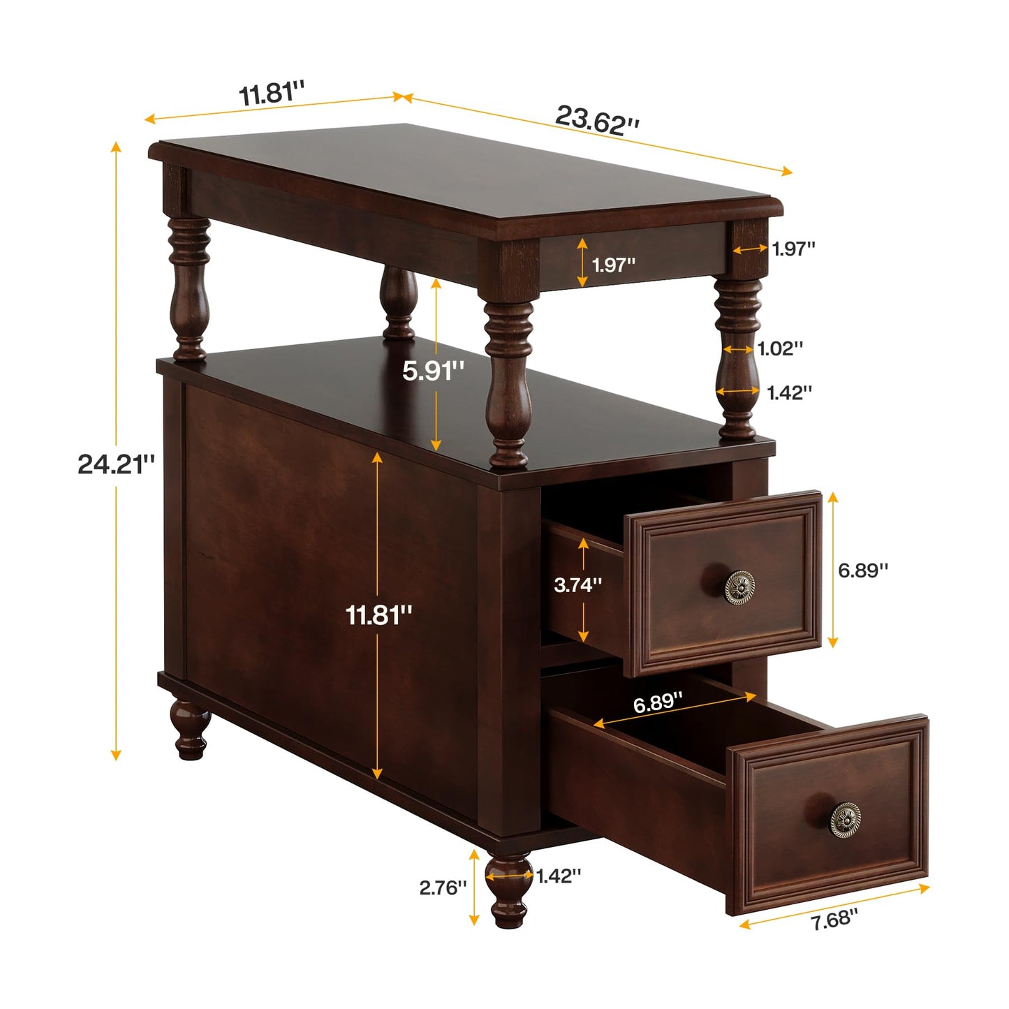 Tribesigns Cherry Finish Wood End Table with 2 Drawers, Mid-Century Wooden Slim Side Table Nightstands with Storage Shelf, Accent Table for Living Room, Easy to Assemble