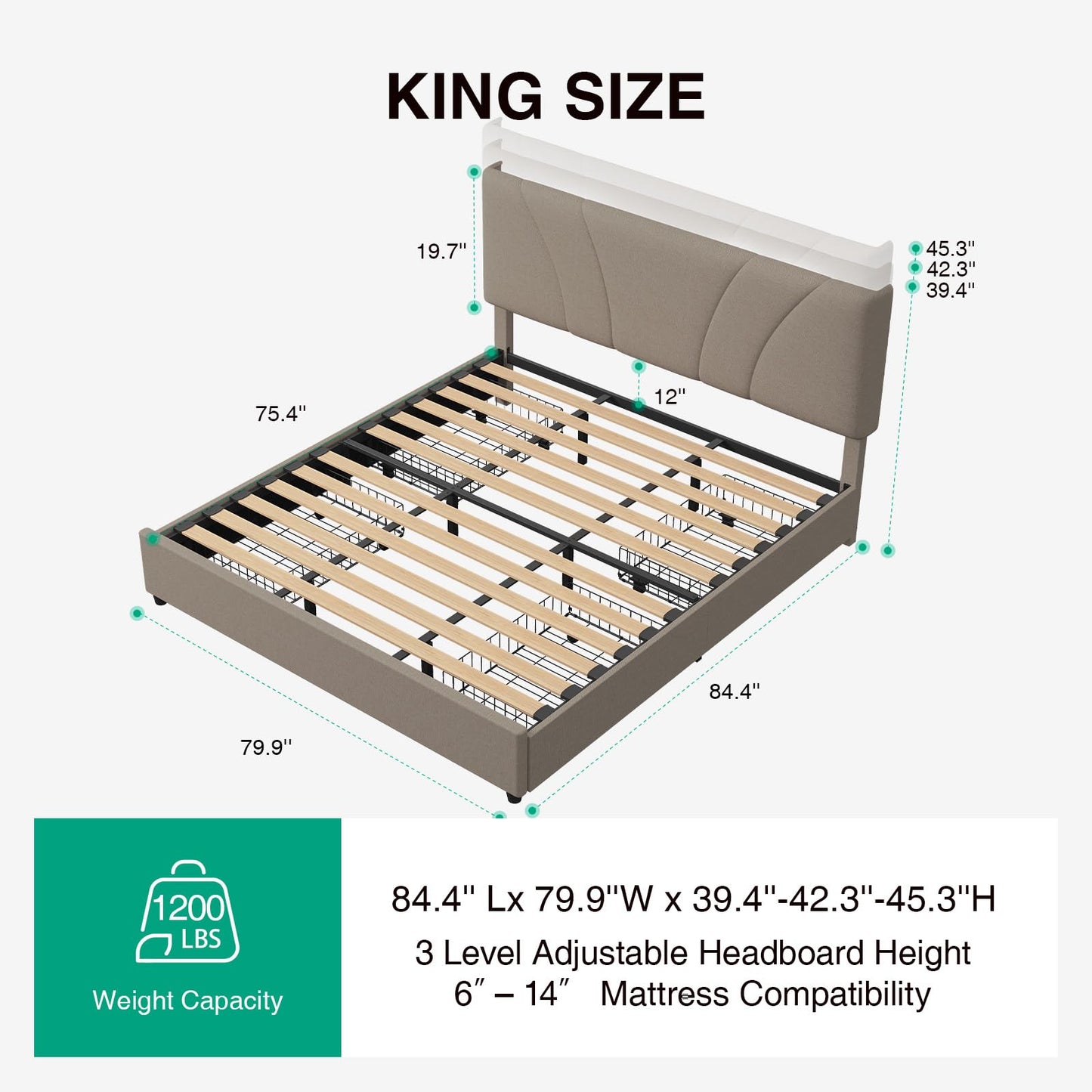 Novilla King Bed Frame, King Bed Frame and Headboard, King Size Bed Frame with Drawers, King Bed Frame with LED Lights, Charging Station and Adjustable Headboard, No Box Spring Needed, Beige