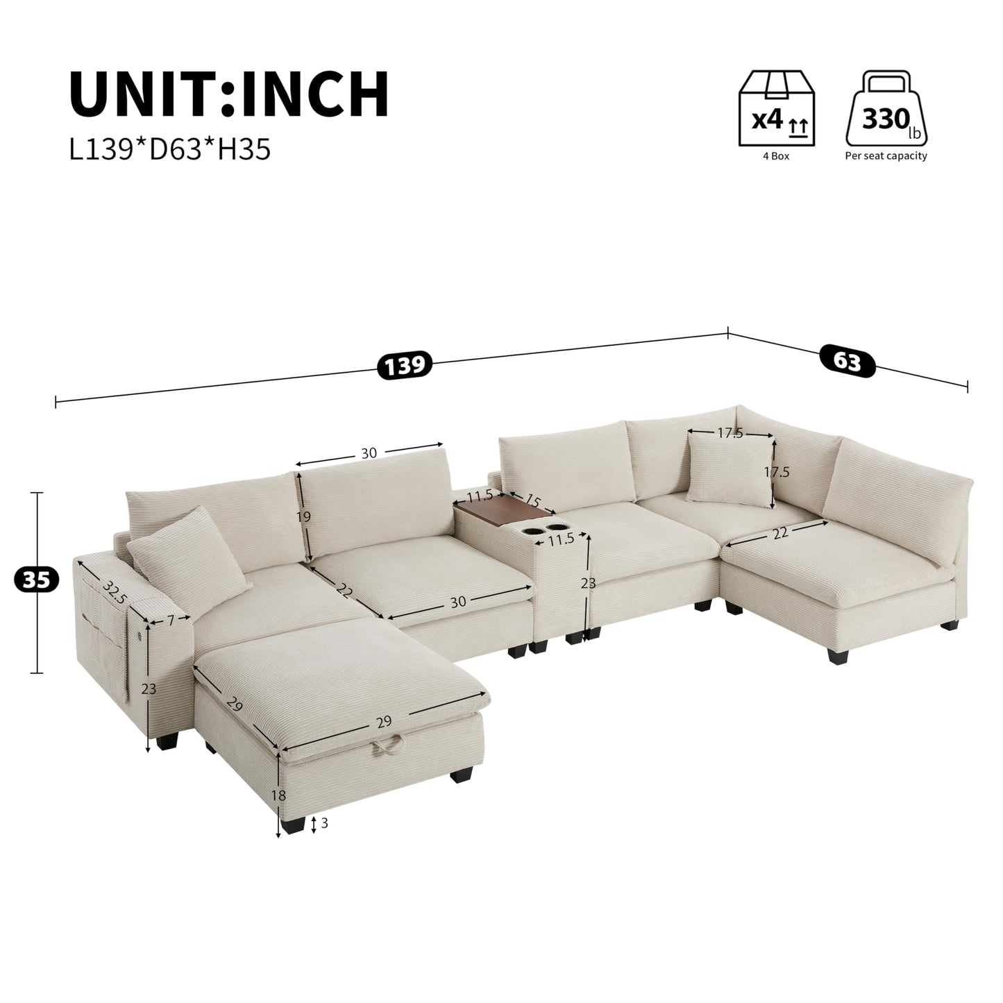 Merax 139'' Oversized Modular Sectional Sofa with Storage Ottoman and Console, Removable Storage Pockets, Cup Holder, Wide Seat, USB Charger, 6 Seat U Shaped Chenille Couch Set for Living Room, Beige
