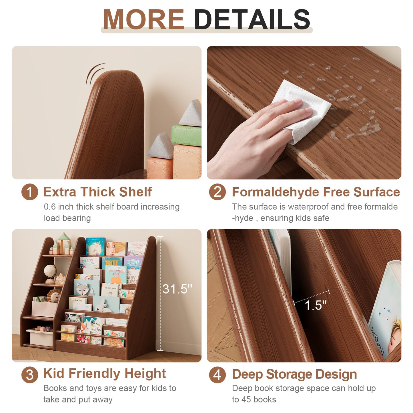 DONGMUWUJEE Solid Wood Kids Bookshelf and Storage Organizer, 7 Layer Children Bookcase, Baby Toddler Wooden Book Shelf, Display Cabinet for Playroom, Bedroom, Classroom, Nursery, School, Walnut