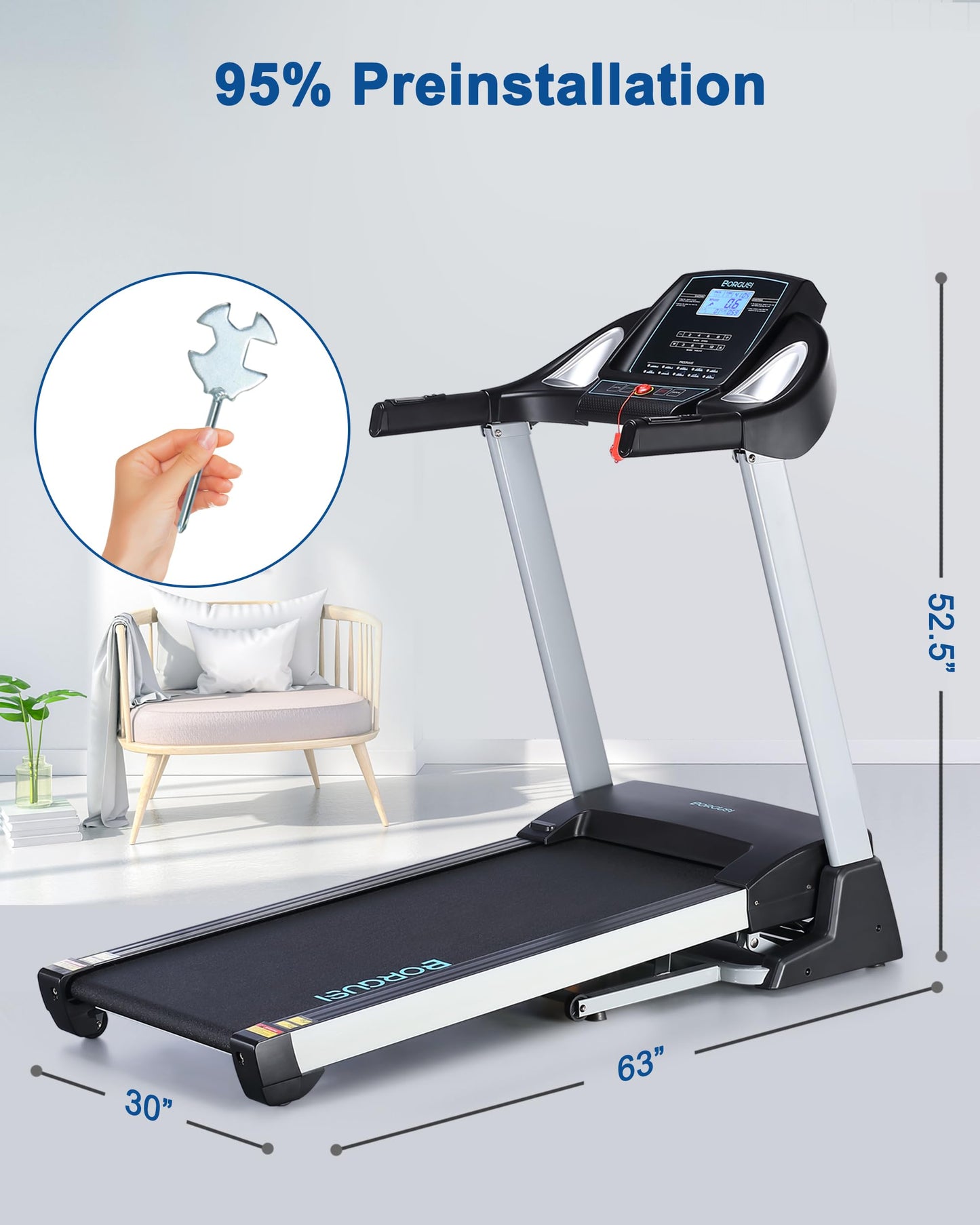 BORGUSI Treadmill with 15% Auto Incline - 350 LBS Capacity, 3.5HP Electric Folding Treadmill Up to 10MPH Speed, Running Machine with 20" Wide Tread Belt & LCD Display for Home Use
