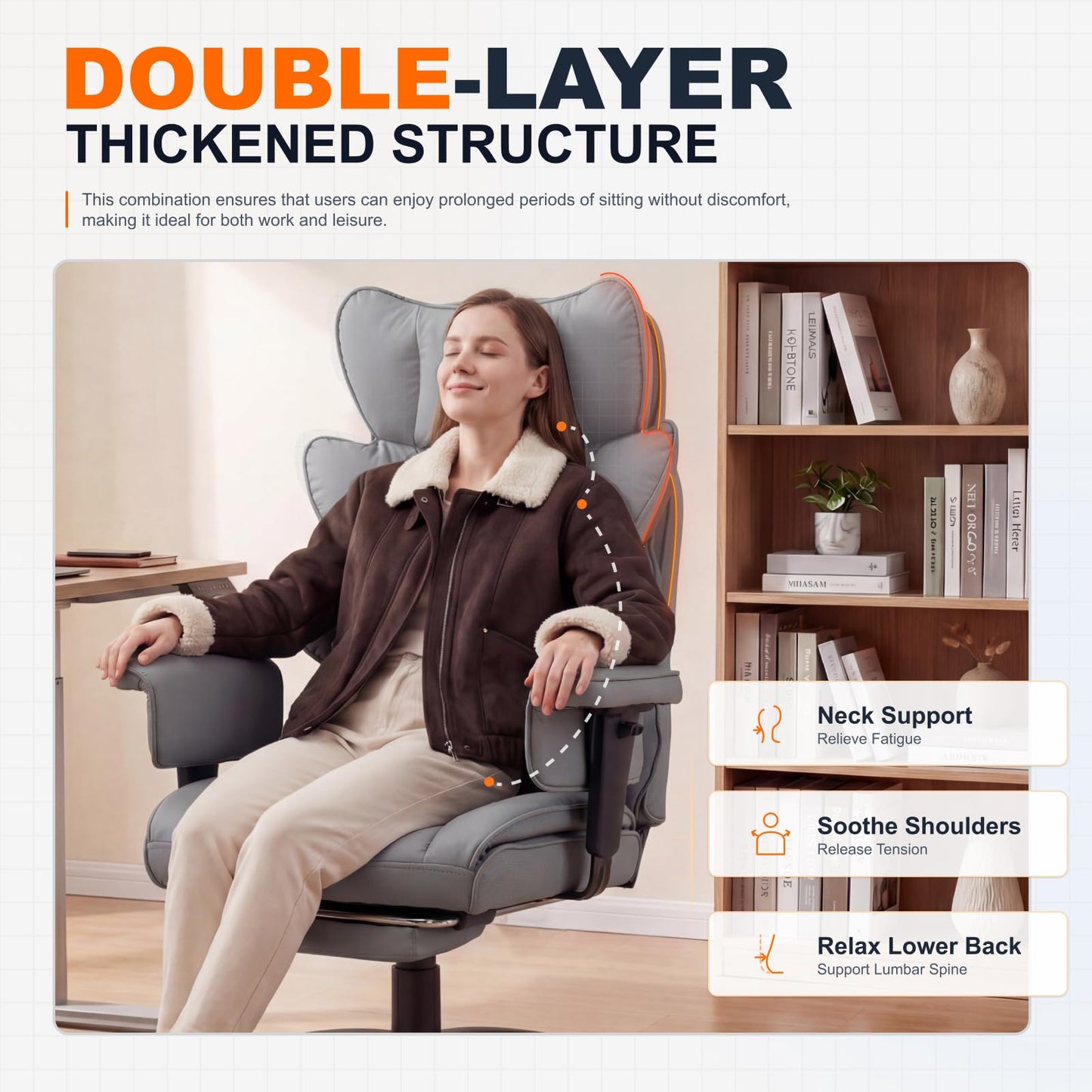 Dowinx Big and Tall Office Chair with Pocket Spring Cushion,High Back Computer Gaming Chairs with Adjustable Armrests and Lumbar Support,Executive Desk Chairs with Footrest(PU Leather,Grey)