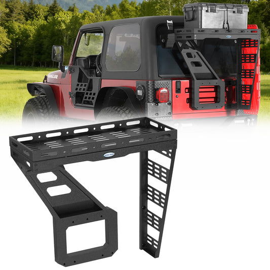 Hooke Road Tailgate Storage Basket Spare Tire Cargo Rack for 1997-2006 Jeep Wrangler TJ, Steel Luggage Carrier Tray with Reinforced Tailgate Hinge for Overlanding Camping Accessories