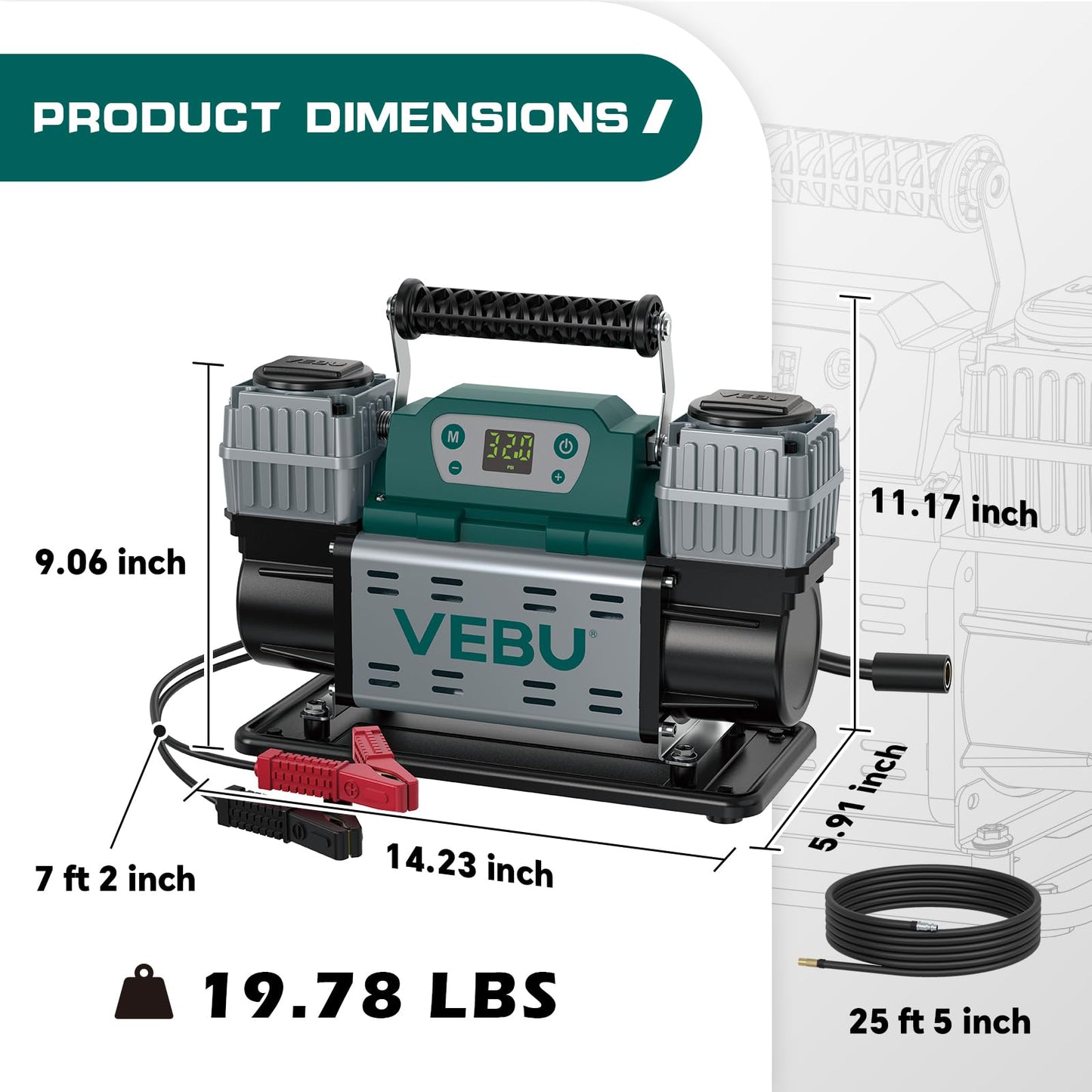 VEBU ‌Off-road Air Compressor 12V Tire Inflator, 150PSI with Auto Shut Off, Digital Display & Preset, 10.6CFM Fast Inflation for Off-road Vehicles, Trucks, SUVs, RVs, ATVs