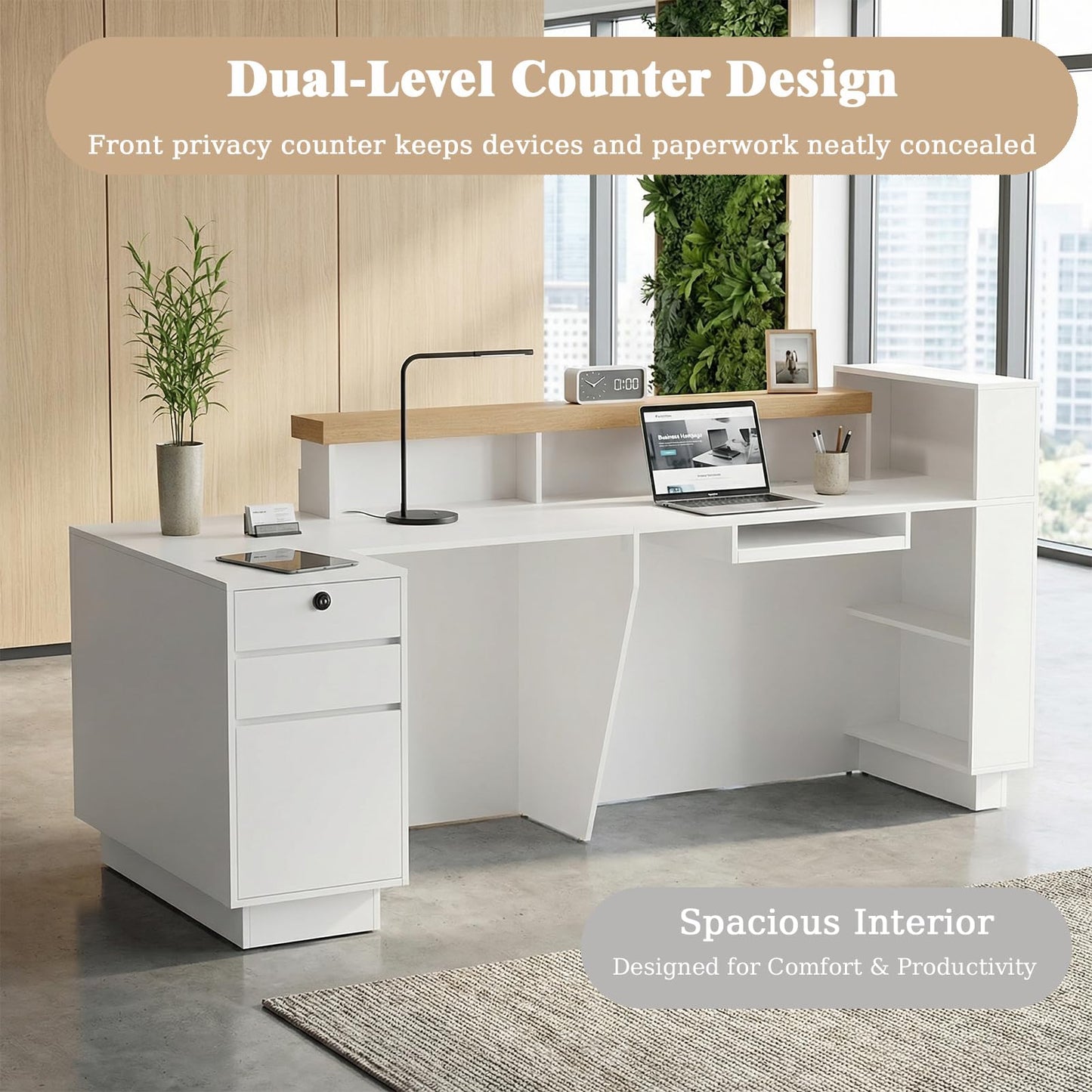 63" L-Shaped Reception Desk with LED Lights and Slatted Grille, Modern Front Desk with Built-in Outlets for Salon, Retail Store,Office,White Checkout Counter with Dimmable Switch,Reception Counter