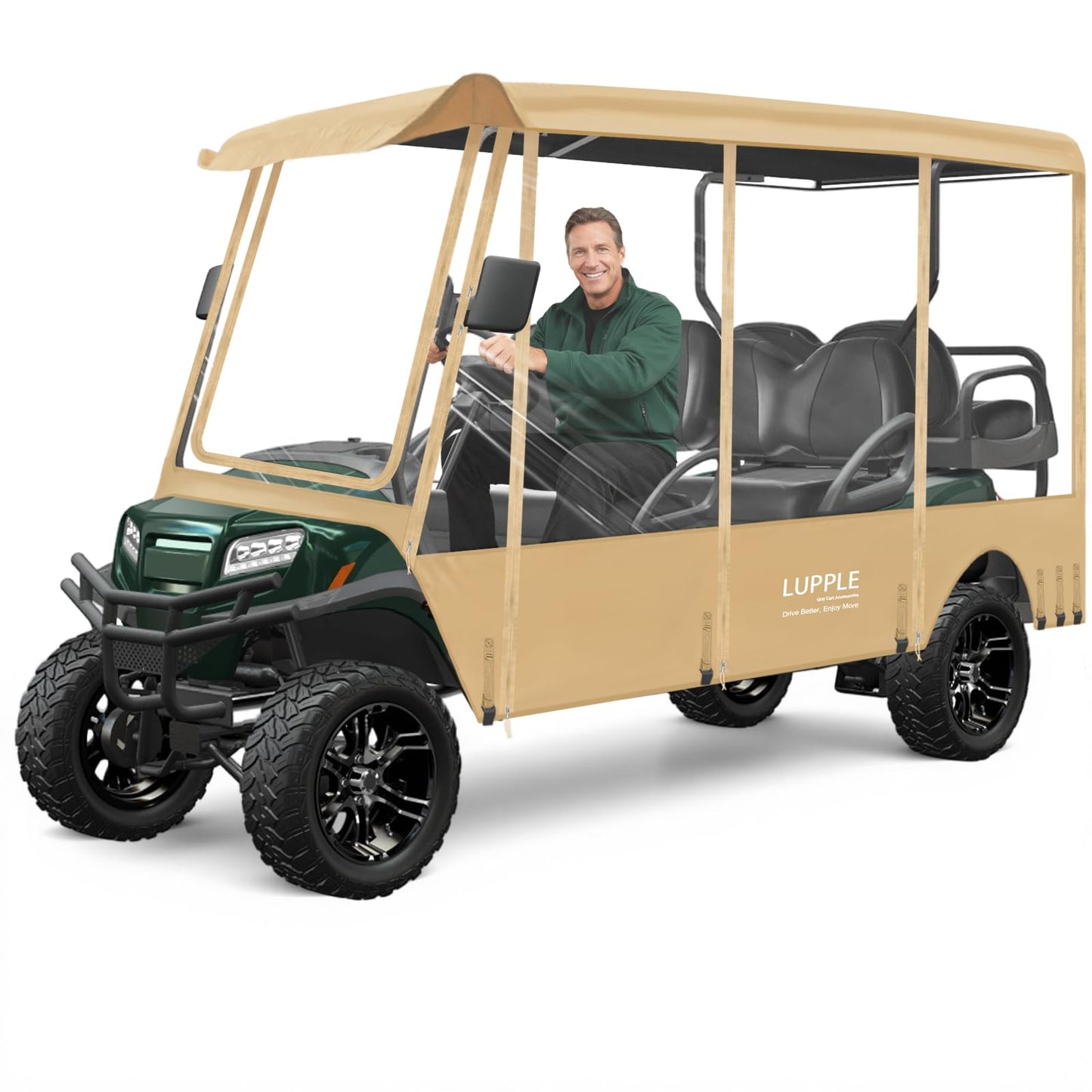 LUPPLE 6 Passenger Golf Cart Enclosure for EZGO Express S6 L6 Extended Roof 116in, 6 Seater Driving Rain Cover with 4-Sided Roll-up Zipper Door Waterproof Windproof (Khaki)