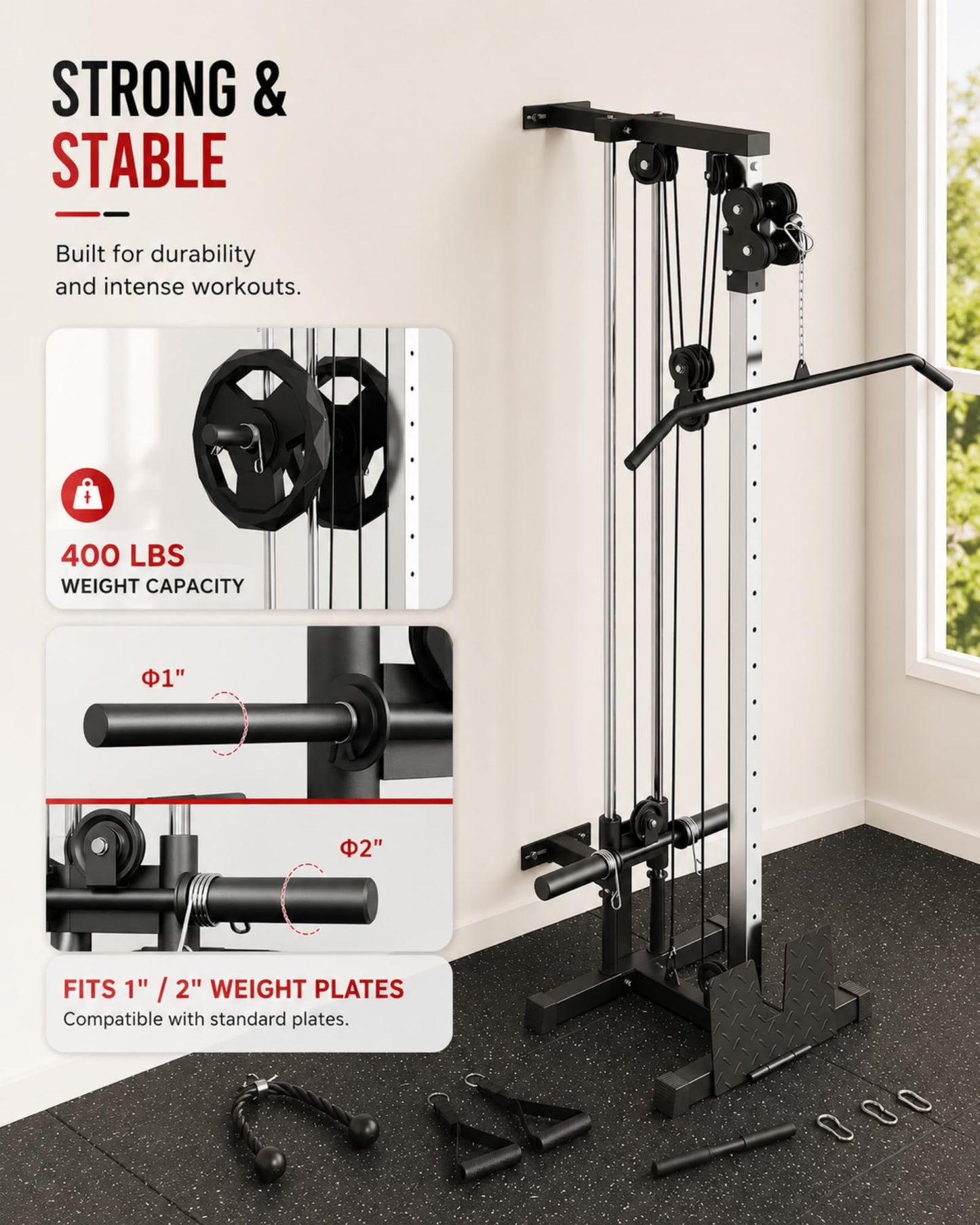 Wall Mount Cable Station – Dual Pulley Cable Crossover Machine with 18 Adjustable Positions, Tricep Rope, T-Bar, LAT Pulldown Bar & Foot Board for Home Gym Strength Training
