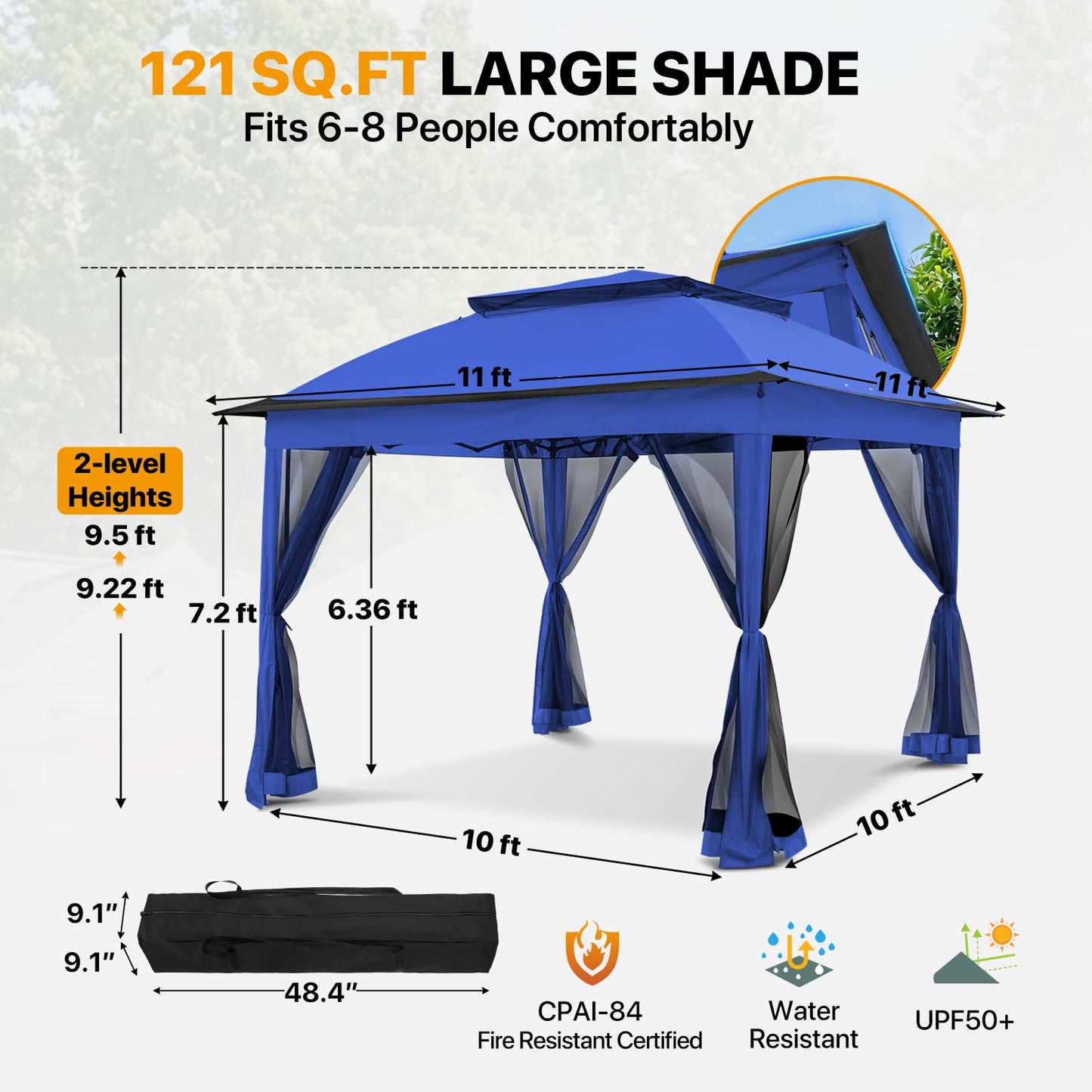 COOS BAY 11x11 Pop Up Gazebo with Mesh Netting, Instant Outdoor Canopy Tent, Water Resistant Shelter with UPF 50+ UV Protection, 121 Sq Ft Coverage, Blue