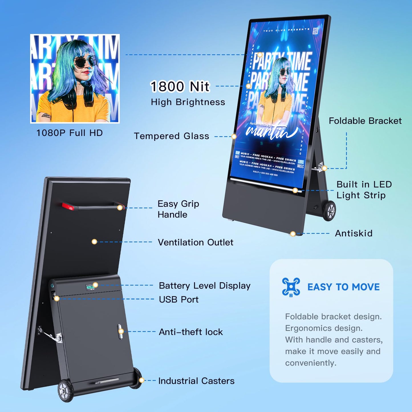 MWE 55 Inch Outdoor Digital Signage Display Monitor, Portable Battery Powered High Brightness Screen Advertising Display Kiosk, Movable Waterproof Standing Poster, Android OS