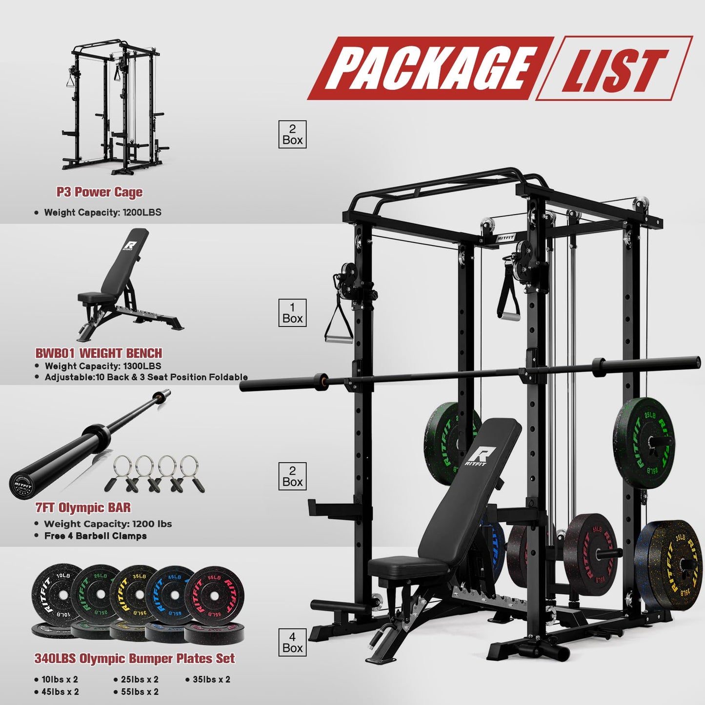 RitFit Squat Rack Power Cage Home Gym Package, Includes 1200LBS Power Rack with Cable Crossover System, Weight Bench, Weight Plate Set with Olympic Barbell (Package 2.0K (Bumper Plate 340LBS))-Black
