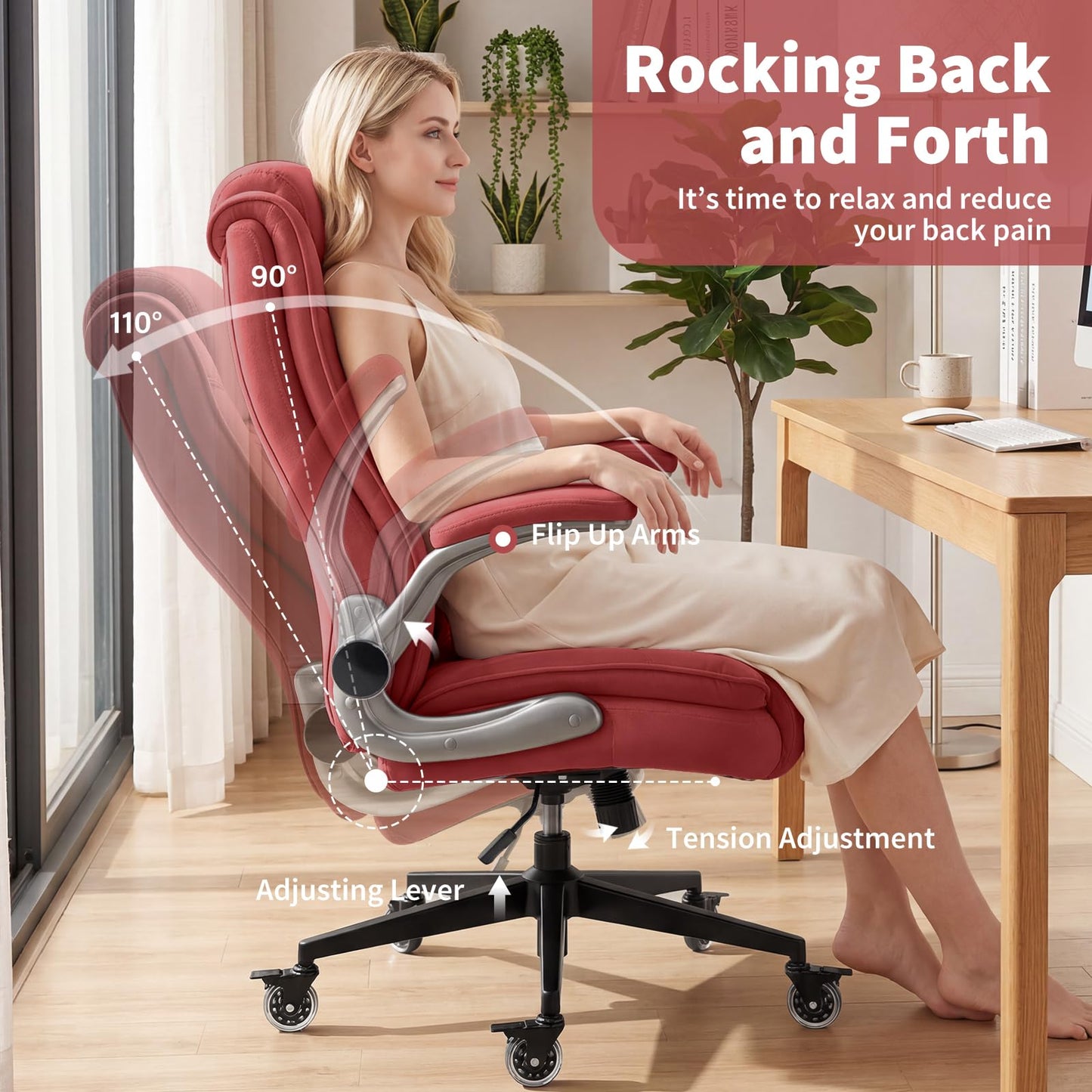 Fabric High Back Office Chair with Lockable Quiet Casters, Thick Padded Ergonomic Computer Chair- Adjustable Lumbar Support & Flip-Up Arms, Wide Executive Desk Chair for Back Pain, 400LBS Capacity