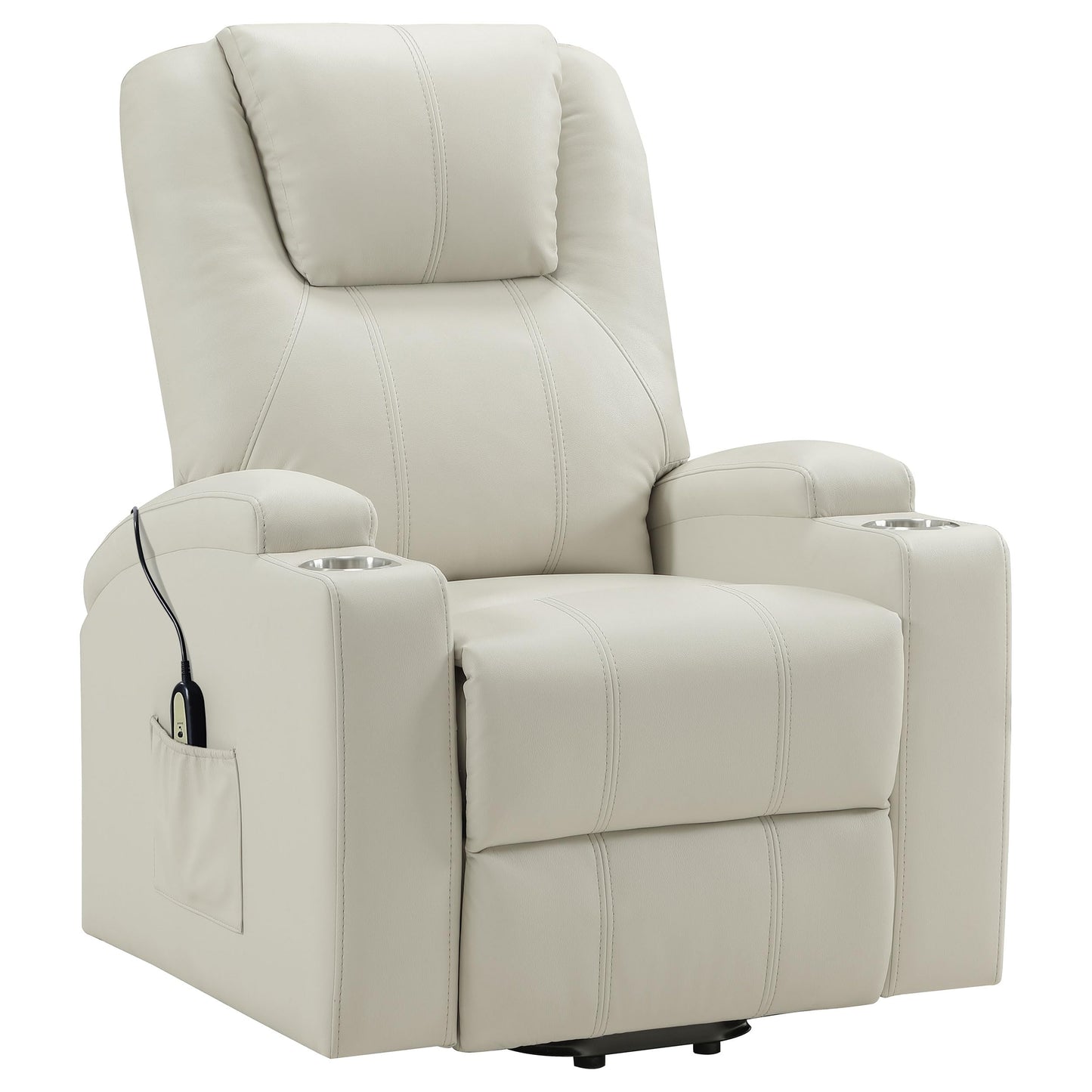 Coaster Home Furnishings - Armstrong - Wood - Power Lift Massage Recliner with Channel Tufting, Wired Remote, Cup Holders and Side Storage Pockets - Living Room - Ivory - 609477P