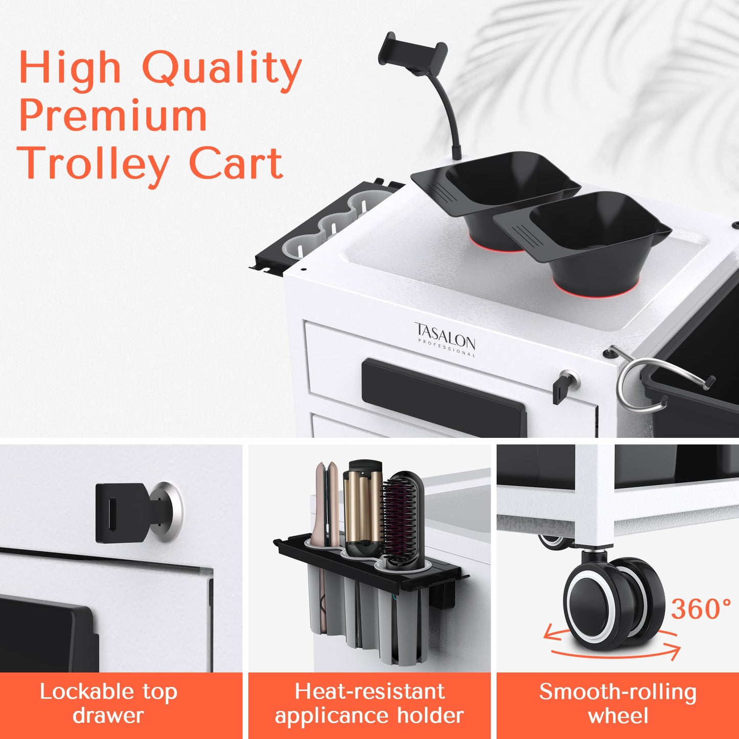 TASALON Salon Trolley Cart with Wheels, 2 Magnetic Bowls & Drawers | Mobile Hair Stylist Station for Tools Storage, Rolling Organizer Cart for Barber & Tattoo Supplies - White