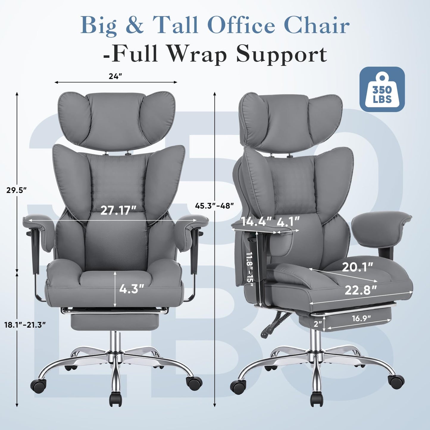 DUMOS Big and Tall Home Office Desk Chair, Gaming Computer Chair, Executive Ergonomic Chair with Footrest, High Back Reclining, Adjustable Armrests and Comfy Lumbar Support, PU Leather, Grey