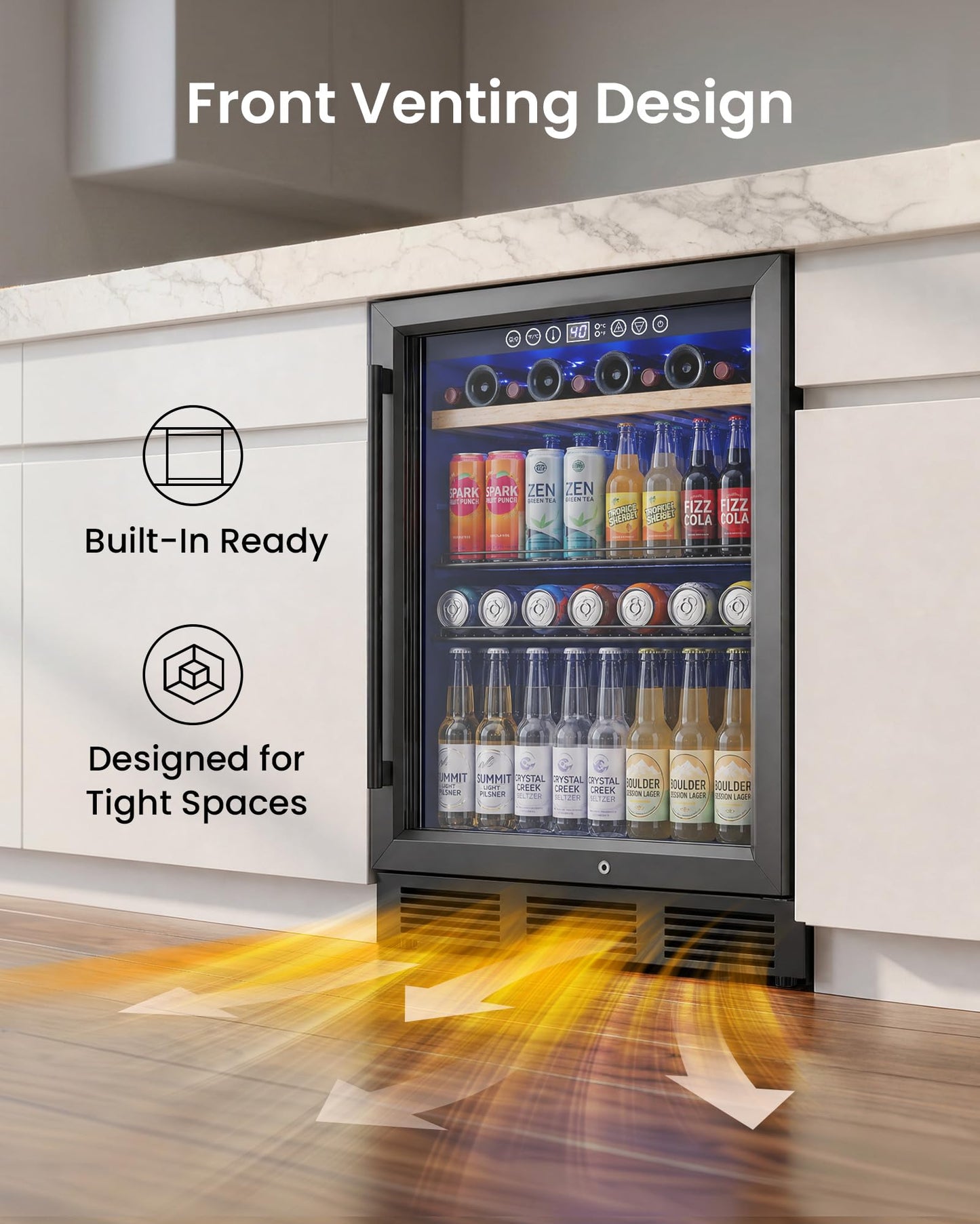 ICEVIVAL 24 In Beverage Refrigerator, 112 Cans & 8 Bottles Wine Fridge with Double-Layer Glass Door, Built-In or Freestanding Wine and Beverage Refrigerator, Under Counter Fridge for Home/Bar/Cafe